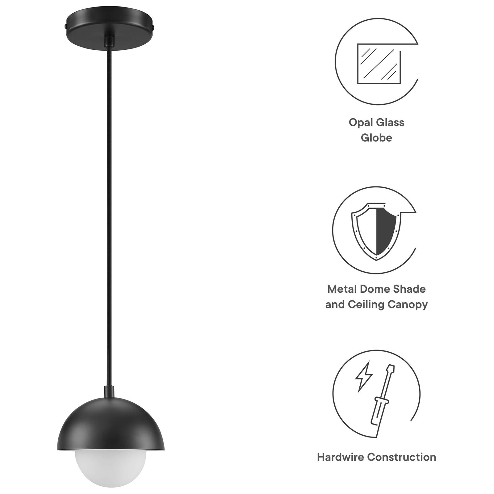 Feature diagram highlighting the opal glass globe, metal dome shade, and hardwire construction of the pendant || EEI-6870-BLK || callout_studio