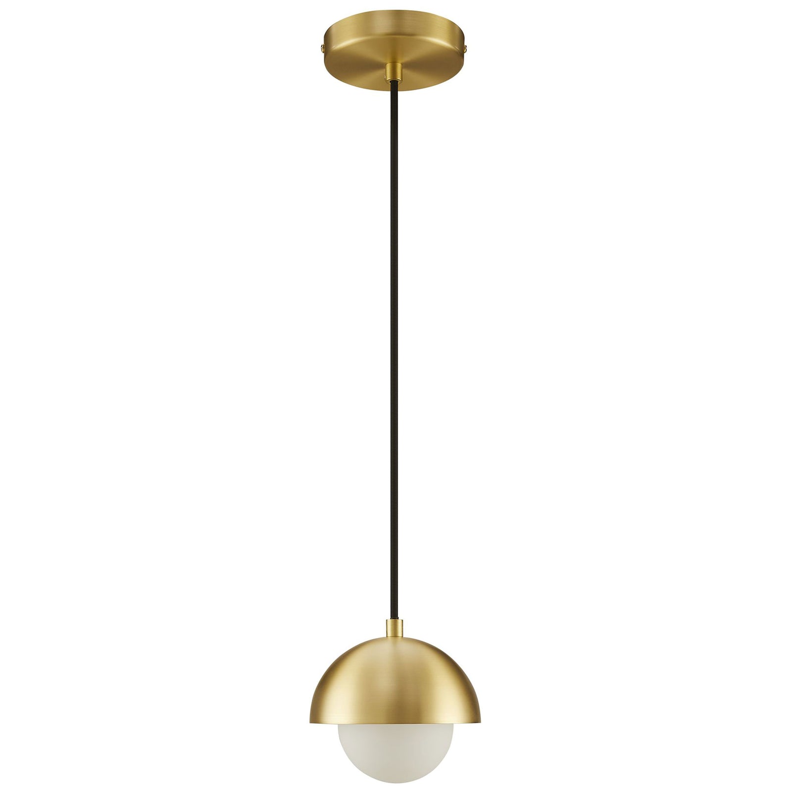 Compact brass globe pendant with matching ceiling canopy and contrasting black cord for a refined look || EEI-6870-BRA || front_studio