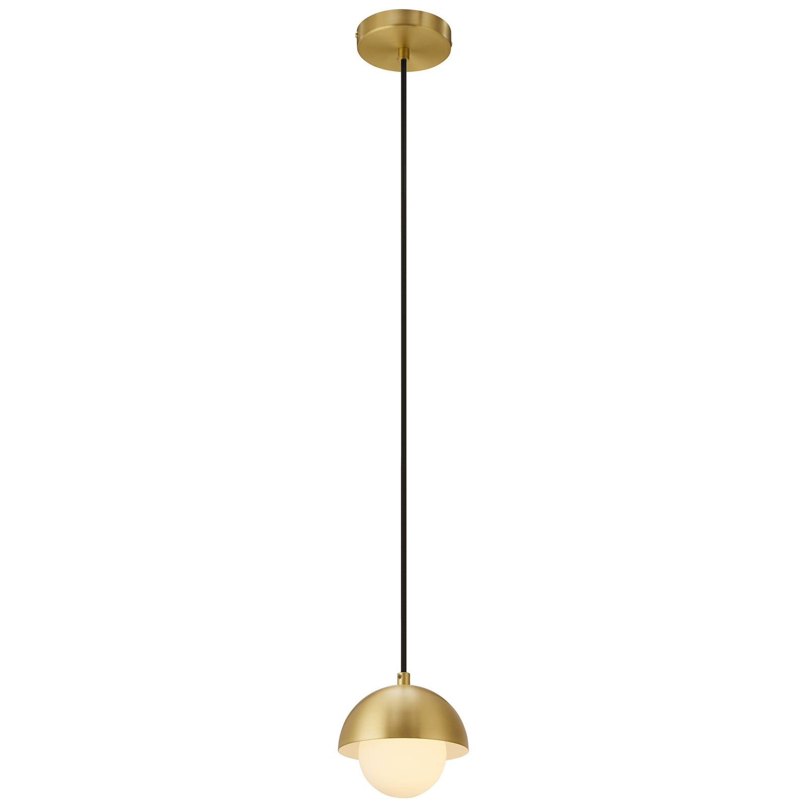 Warmly glowing brass globe pendant with illuminated opal glass shade and slender black cord || EEI-6870-BRA || front_on_studio