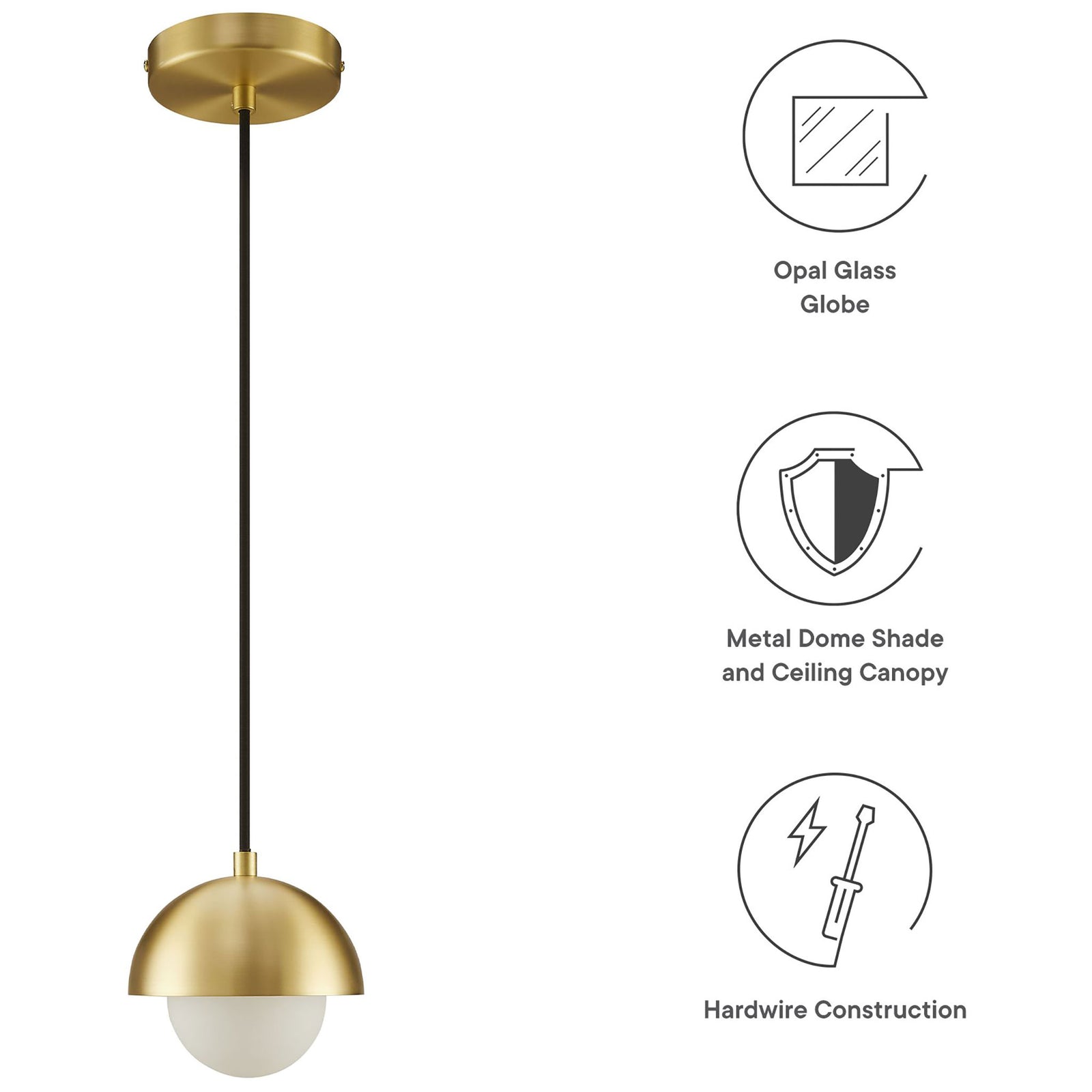 Eclipse globe pendant highlighting opal glass globe, brass dome shade, and hardwired construction icons || EEI-6870-BRA || callout_studio