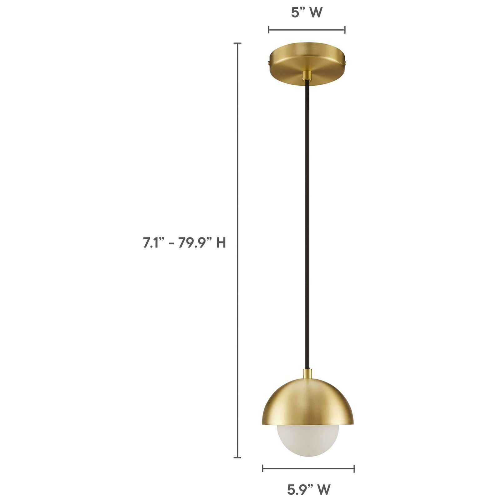 Eclipse brass globe pendant with measurement arrows showing canopy width and adjustable hanging height range || EEI-6870-BRA || dimension_studio