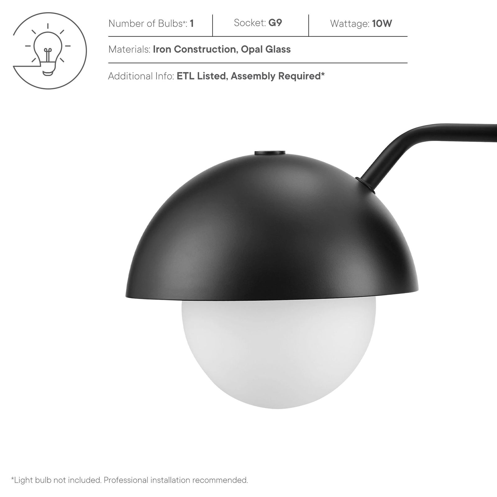 Detail card highlights bulb type, materials, wattage, and ETL listing for the Eclipse wall sconce || EEI-6871-BLK || callout_studio