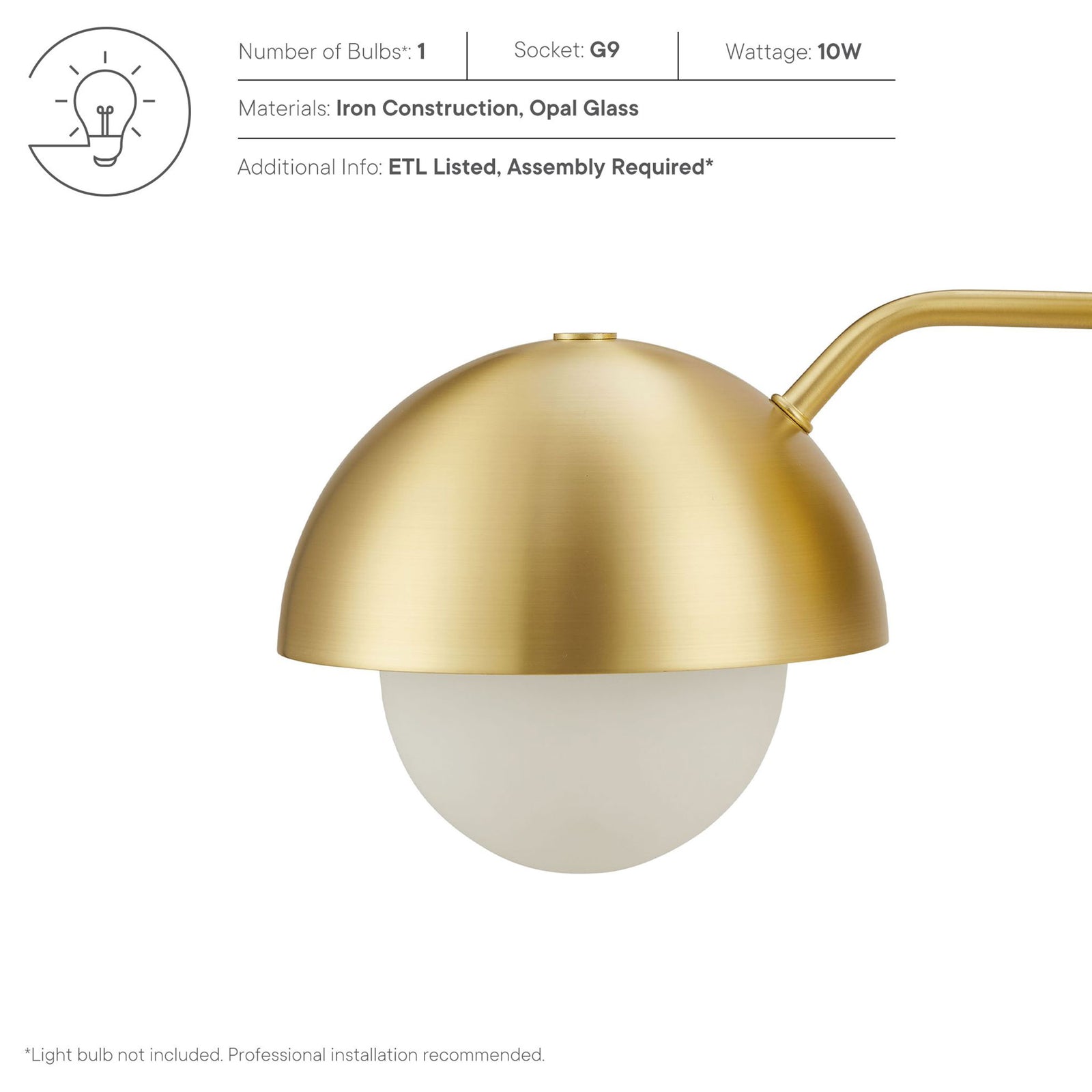 Detail card highlights bulb type, materials, wattage, and ETL listing for the brass wall sconce || EEI-6871-BRA || callout_studio