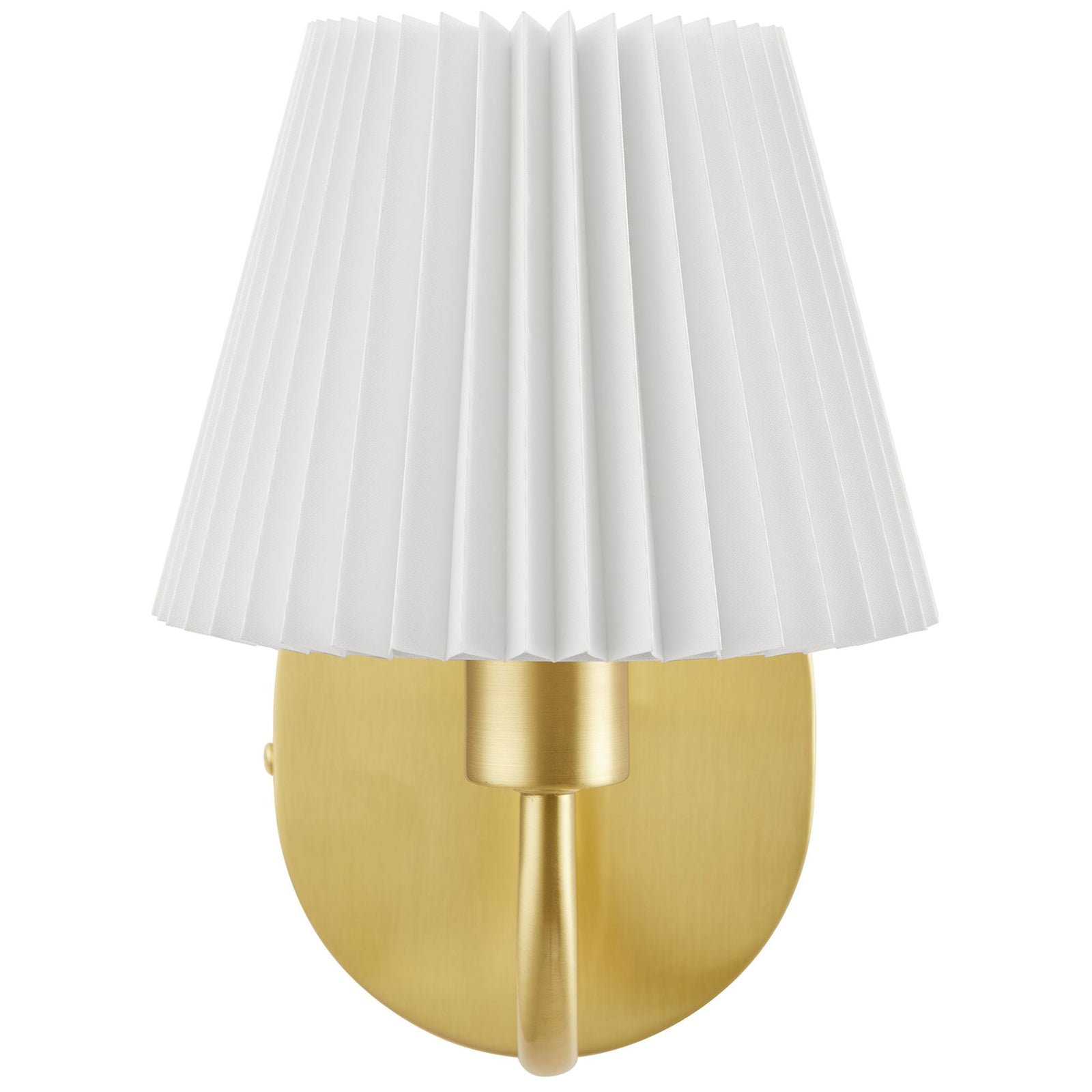 Brass U-shaped arm wall sconce with crisp pleated white shade brings warm modern elegance to any room. || EEI-6872-BRA || front_studio