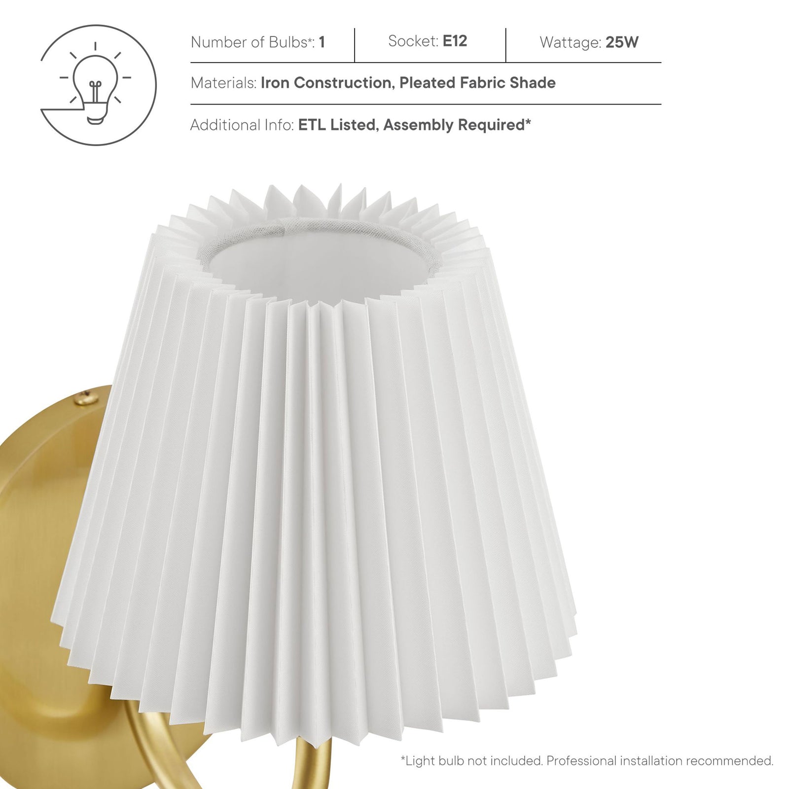 Pleated shade closeup with overlaid specs listing iron construction, E12 socket, 25W max, and ETL listing. || EEI-6872-BRA || callout_studio