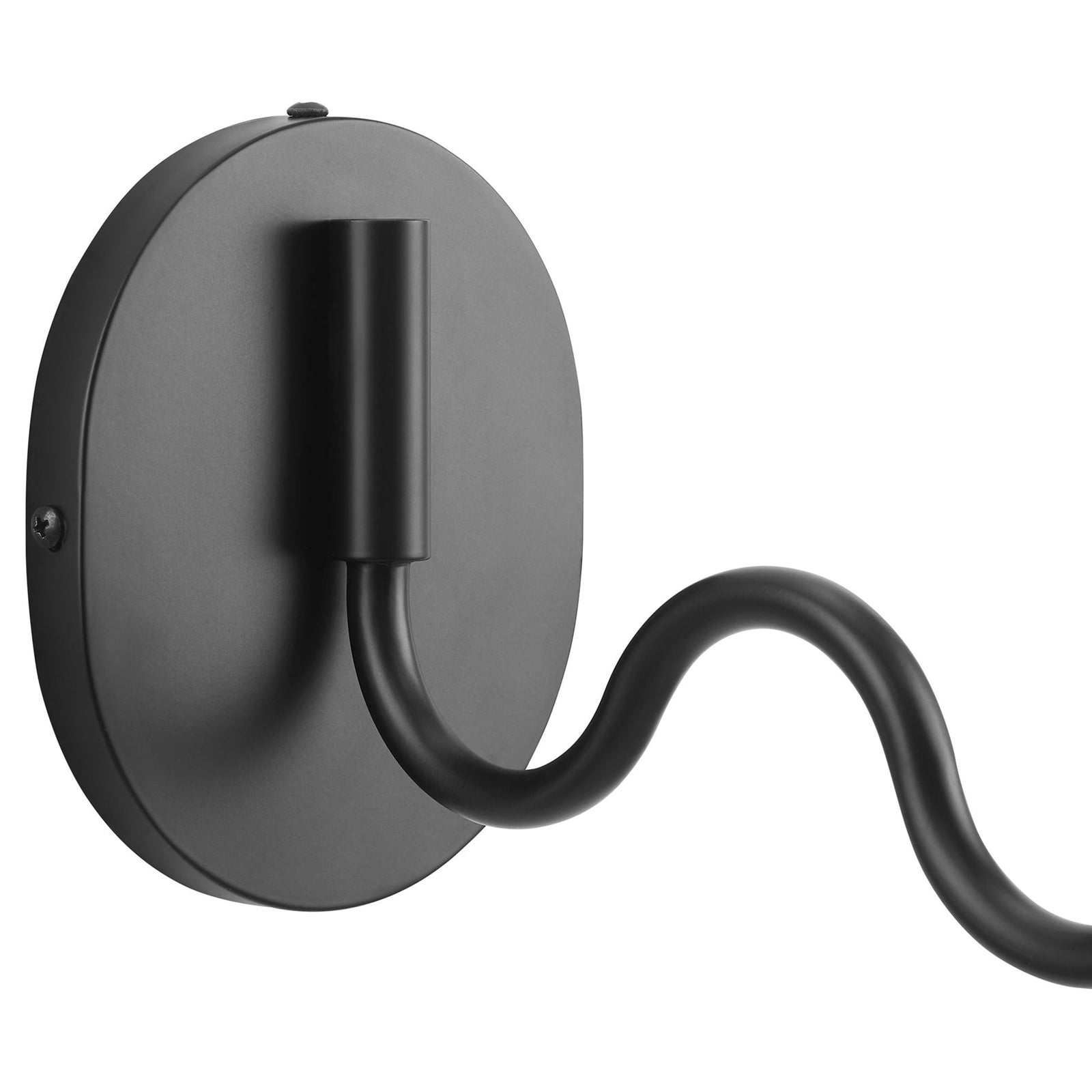 Smooth black metal backplate and sculpted squiggle arm create a sleek, modern foundation for the wall light. || EEI-6873-BLK || detail_studio