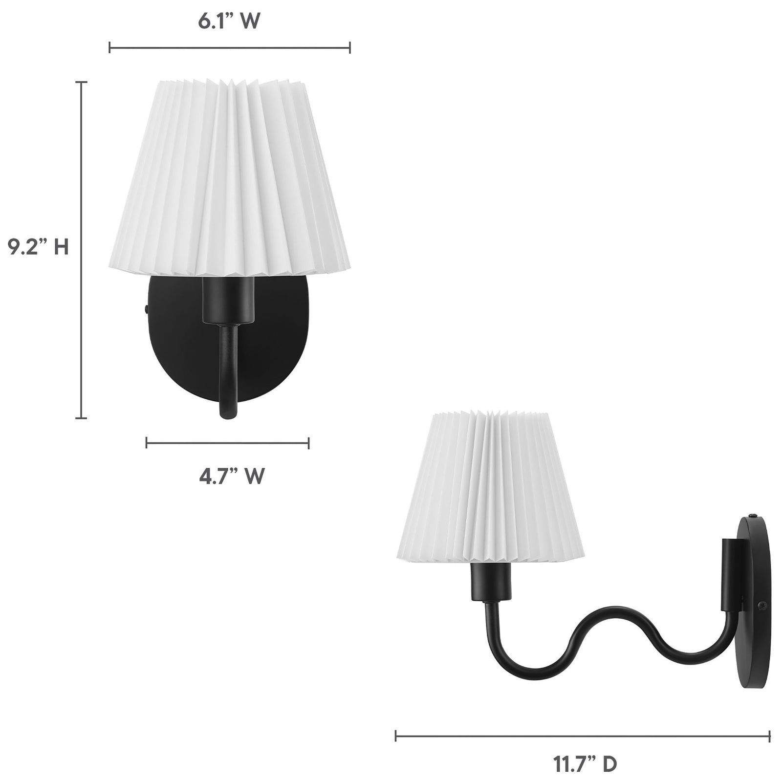 Dimension diagram of the Wave squiggle arm wall sconce showing overall height, width, and extension measurements. || EEI-6873-BLK || dimension_studio