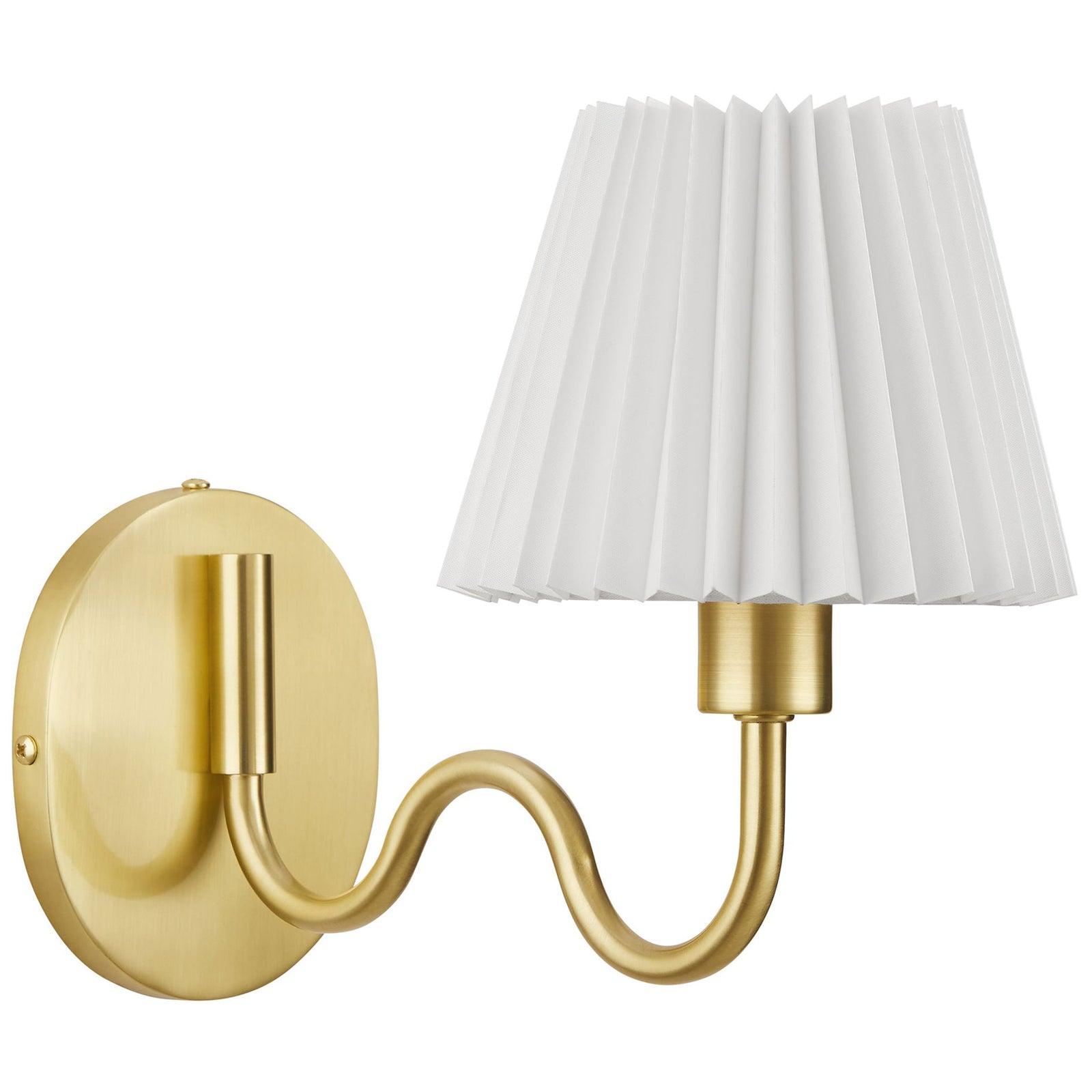Wave-inspired brass wall sconce features a playful curved arm and pleated shade for luxe contemporary style. || EEI-6873-BRA || front_angle_studio