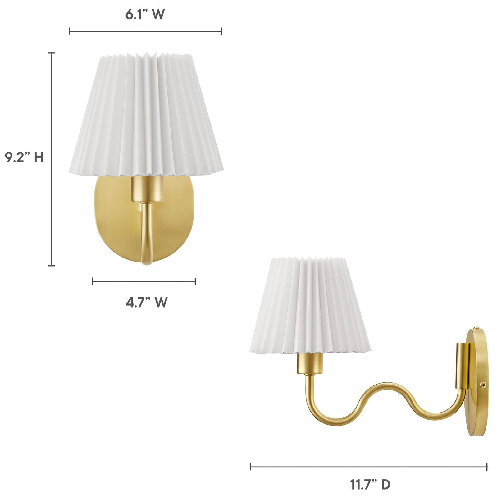 Dimension diagram of the Wave brass squiggle arm wall sconce showing height, width, and extension details. || EEI-6873-BRA || dimension_studio