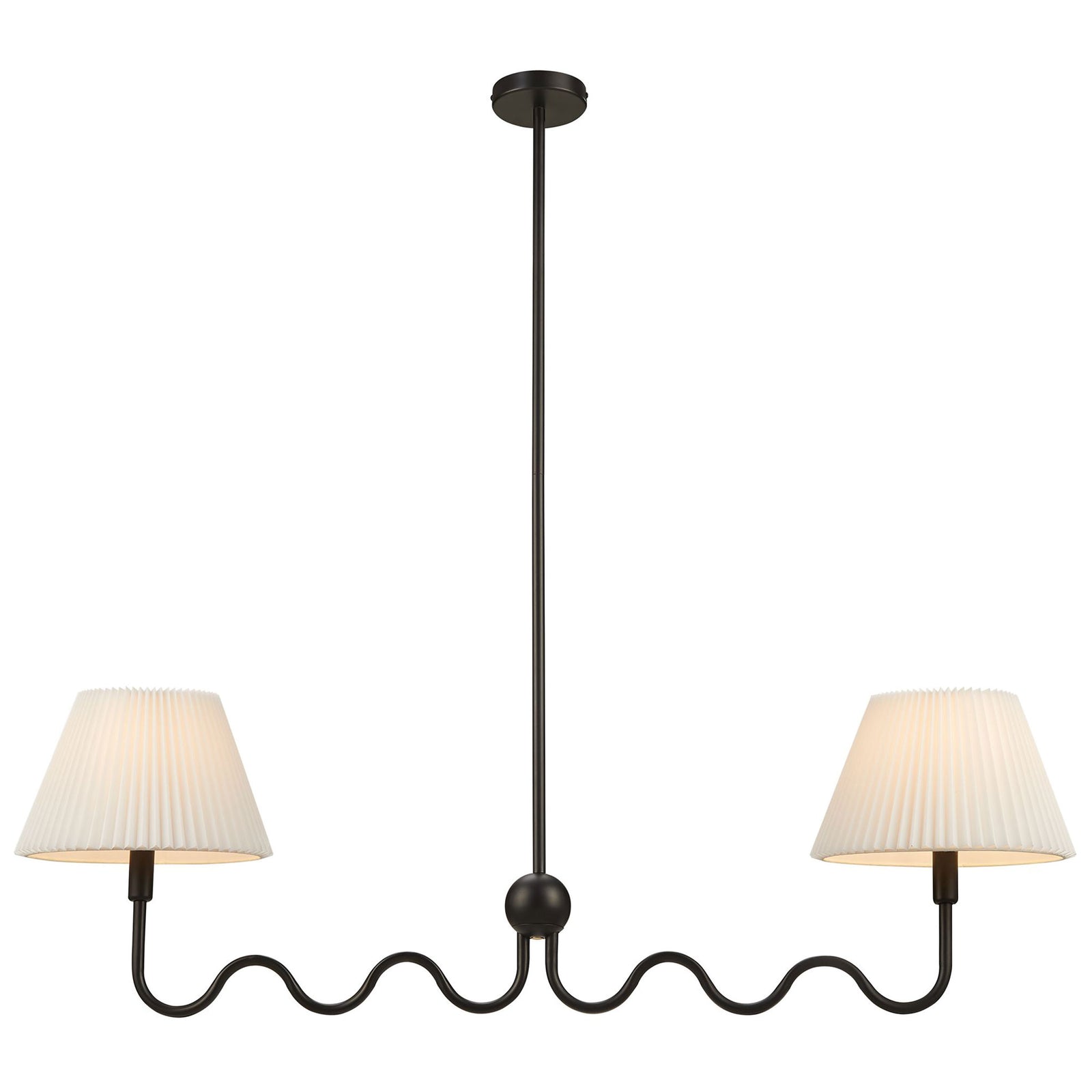 Warm glow from pleated shades on a modern black two-arm squiggle pendant || EEI-6874-BLK || front_on_studio