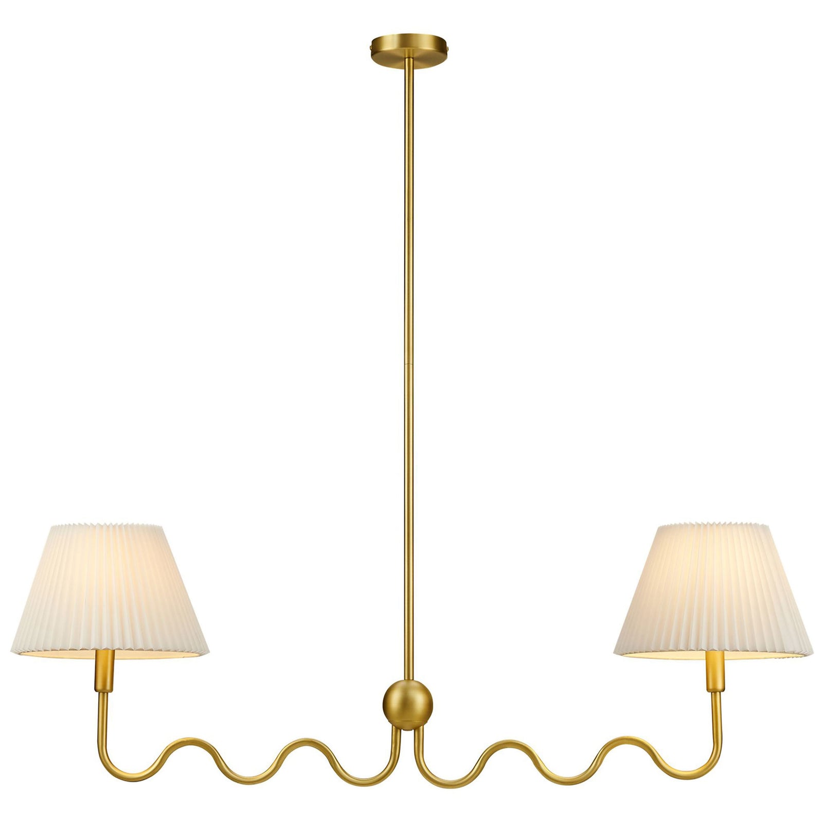 Warm-lit pleated shades highlight the playful brass squiggle arms || EEI-6874-BRA || front_on_studio