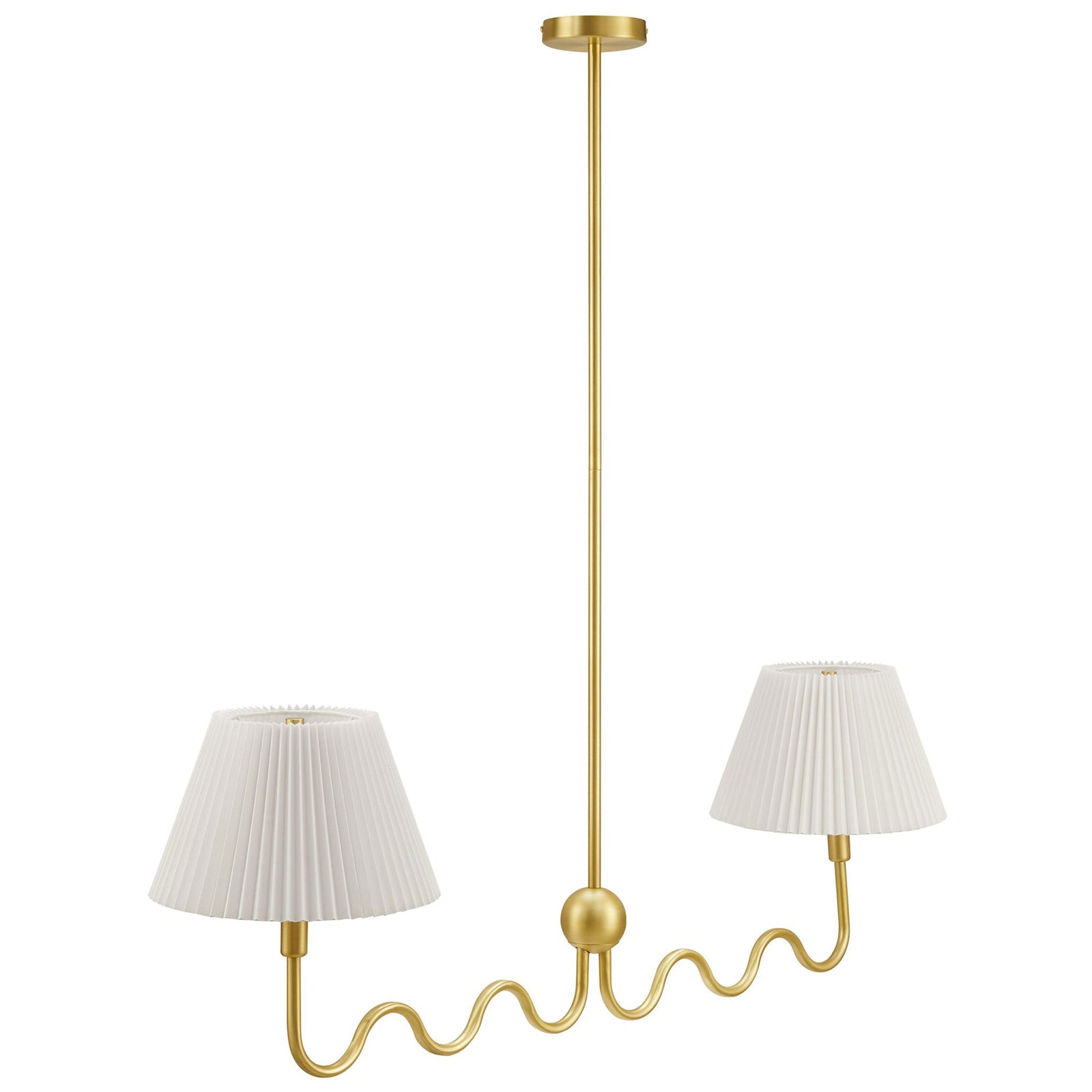 Sculptural two-arm brass pendant with pleated fabric shades || EEI-6874-BRA || front_angle_studio