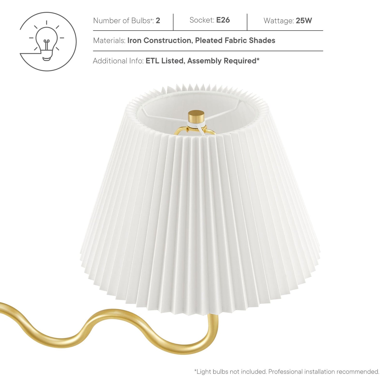 Two E26 sockets and pleated fabric shades in iron, ETL listed || EEI-6874-BRA || callout_studio