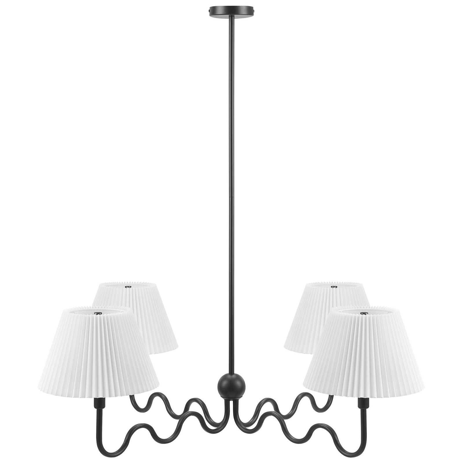 Playful squiggle-armed 4-light pendant with pleated white shades and a sleek black finish || EEI-6875-BLK || front_studio