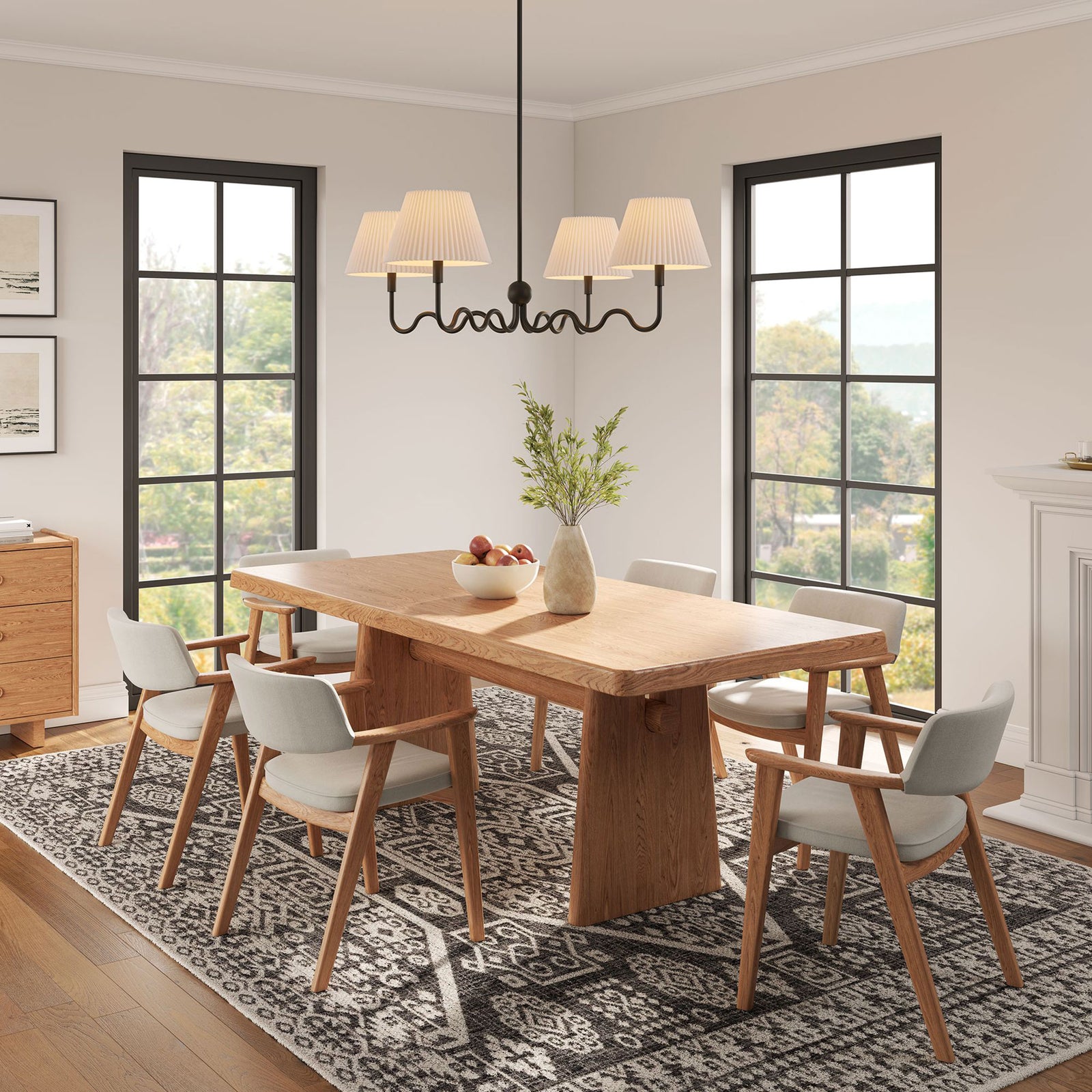 Four glowing pleated shades illuminate the sculptural squiggle pendant with modern warmth || EEI-6875-BLK || front_on_room
