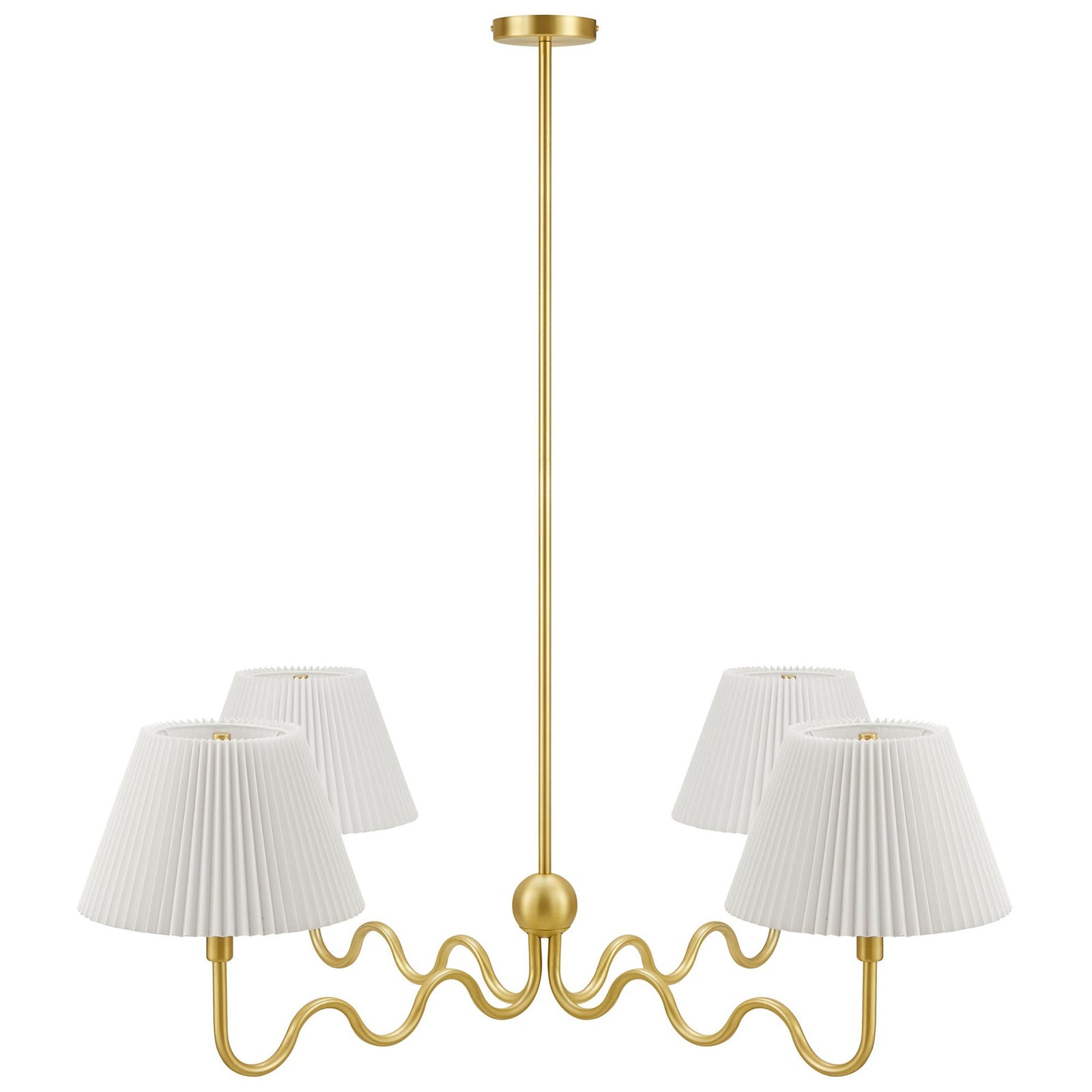 Brass 4-arm pendant with playful squiggle rods and crisp white pleated shades || EEI-6875-BRA || front_studio