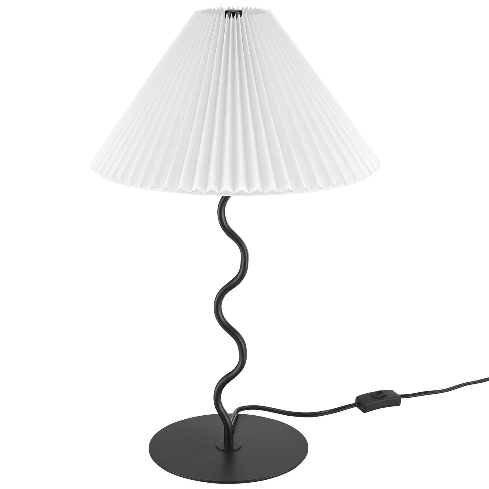 Wave squiggle table lamp with black metal base and crisp pleated white shade for modern accent lighting || EEI-6876-BLK || front_angle_studio