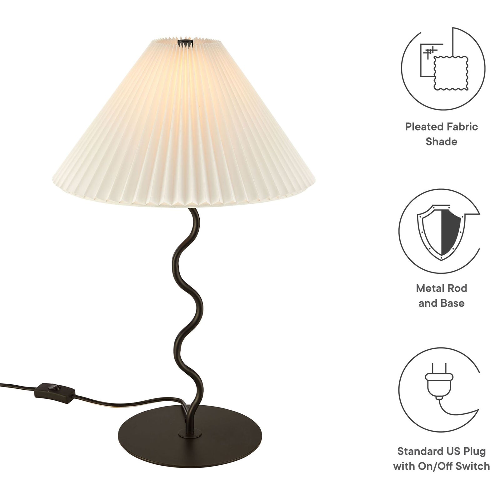 Wave squiggle table lamp highlighting pleated shade, metal base, and convenient inline switch features || EEI-6876-BLK || callout_studio