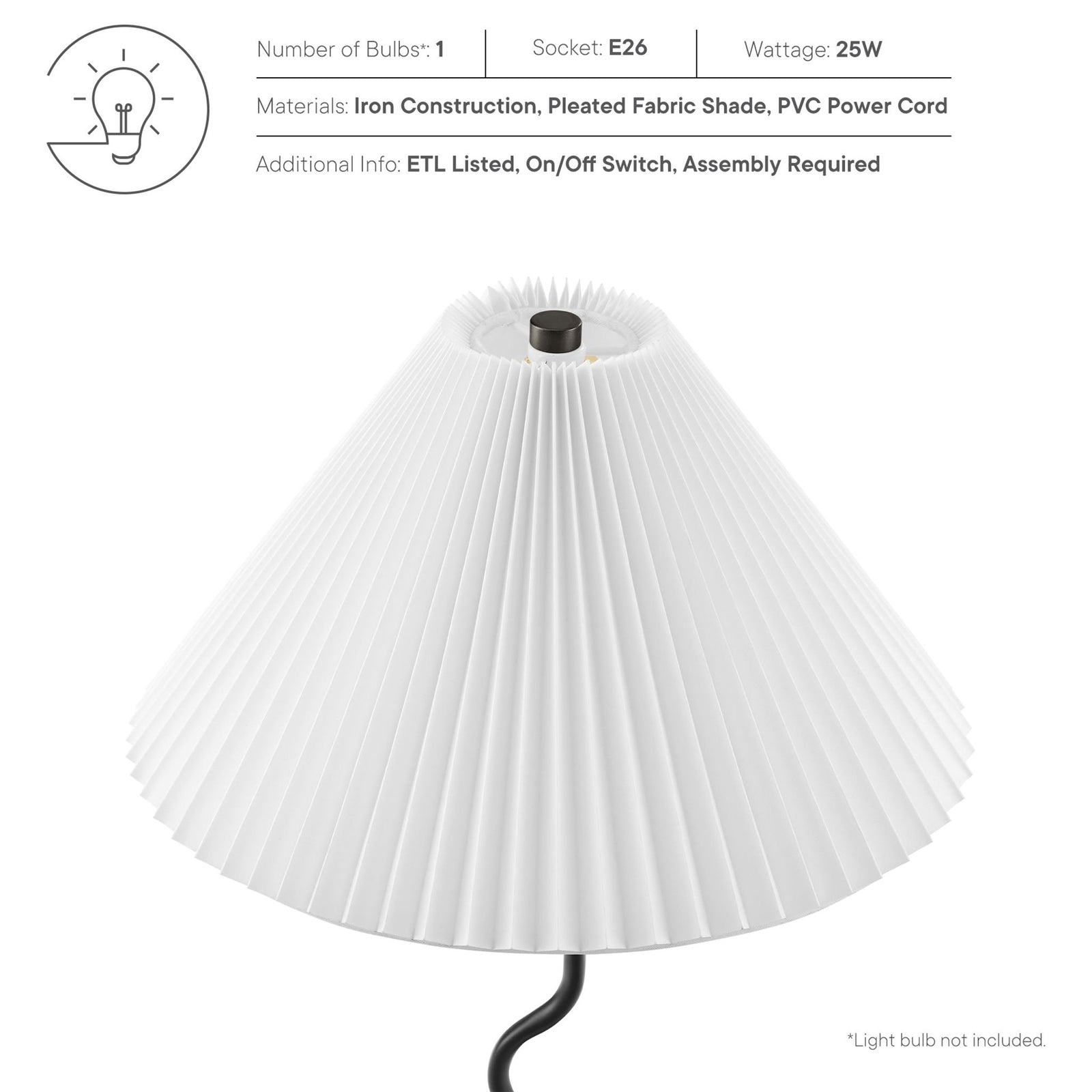 Detail of the Wave lamp shade and materials, emphasizing pleated fabric, iron construction, and PVC cord || EEI-6876-BLK || callout_studio
