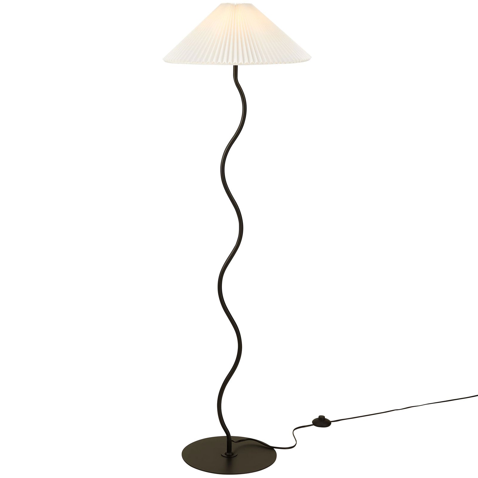 Black squiggle floor lamp casting a warm ambient glow through its pleated white shade. || EEI-6877-BLK || front_on_studio