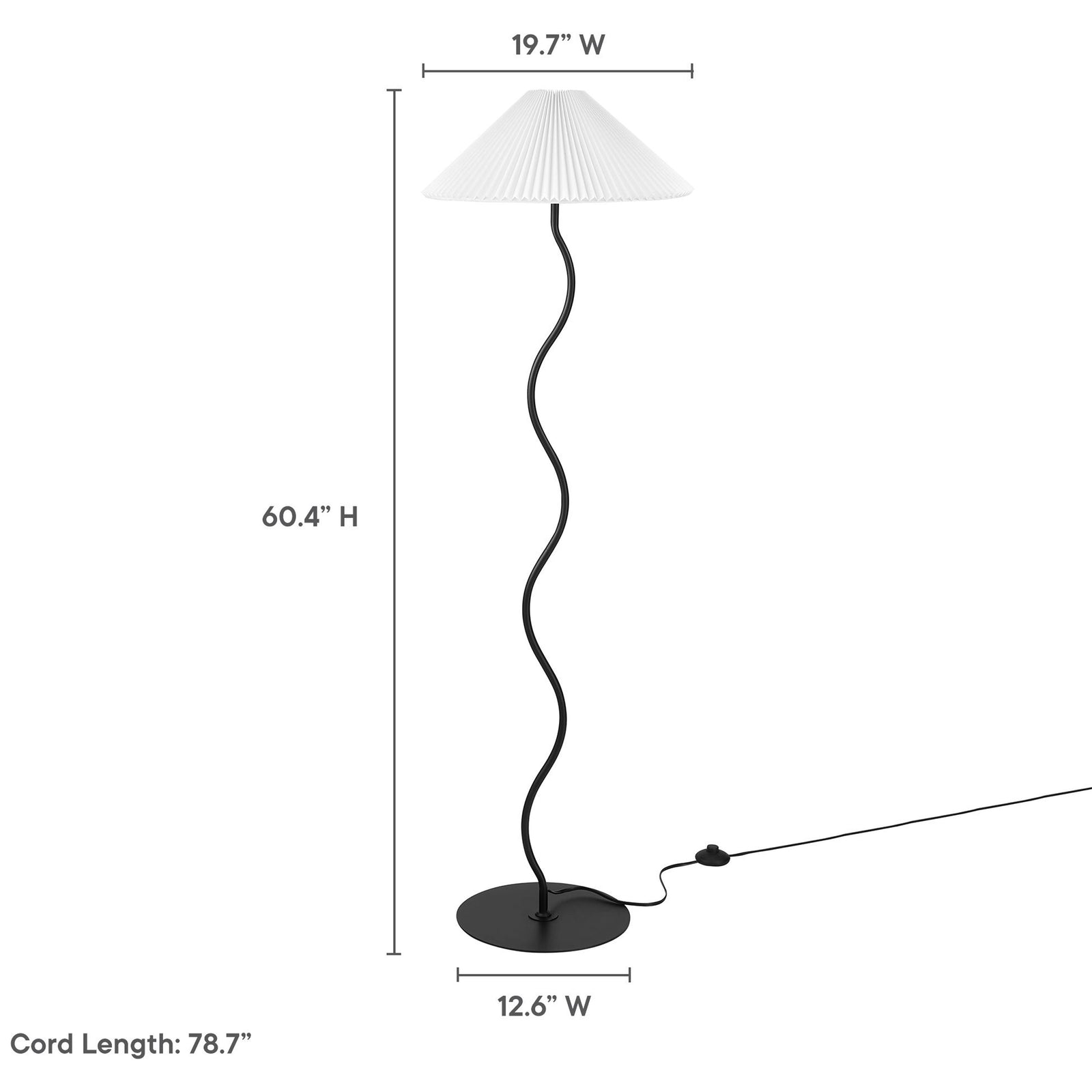 Wave squiggle floor lamp with labeled dimensions, including 60.4 inch height and wide pleated shade for broad light. || EEI-6877-BLK || dimension_studio