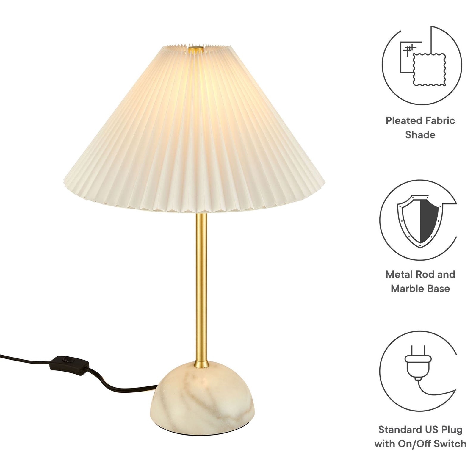 Feature callouts for the Illusion lamp showing pleated shade, marble base, and standard plug with switch. || EEI-6878-BRA || callout_studio
