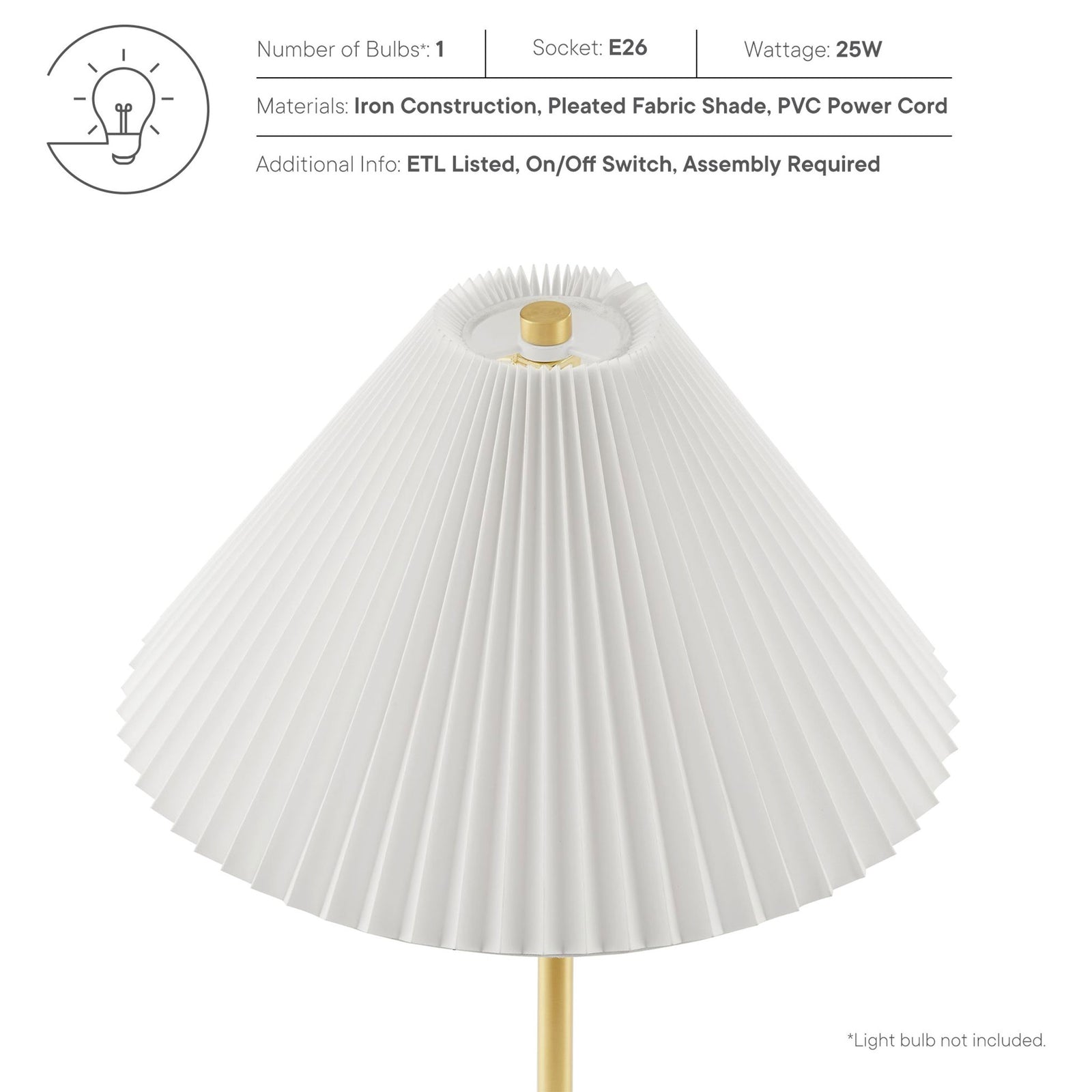 Illusion lamp specs outlining bulb type, wattage, materials, and ETL listing for safety. || EEI-6878-BRA || callout_studio