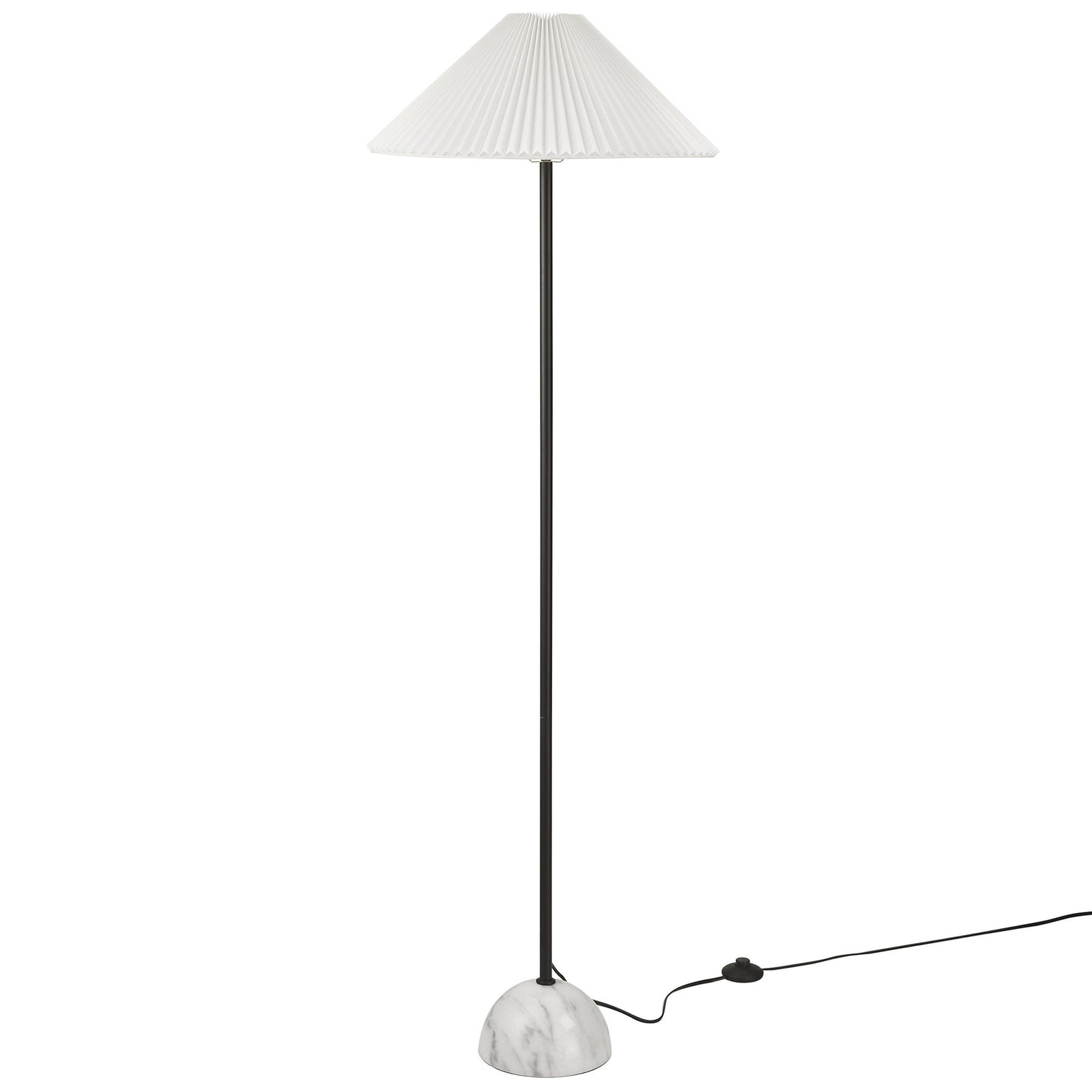 Illusion floor lamp with black metal stem, white pleated shade, and marble dome base for modern spaces || EEI-6879-BLK || front_studio