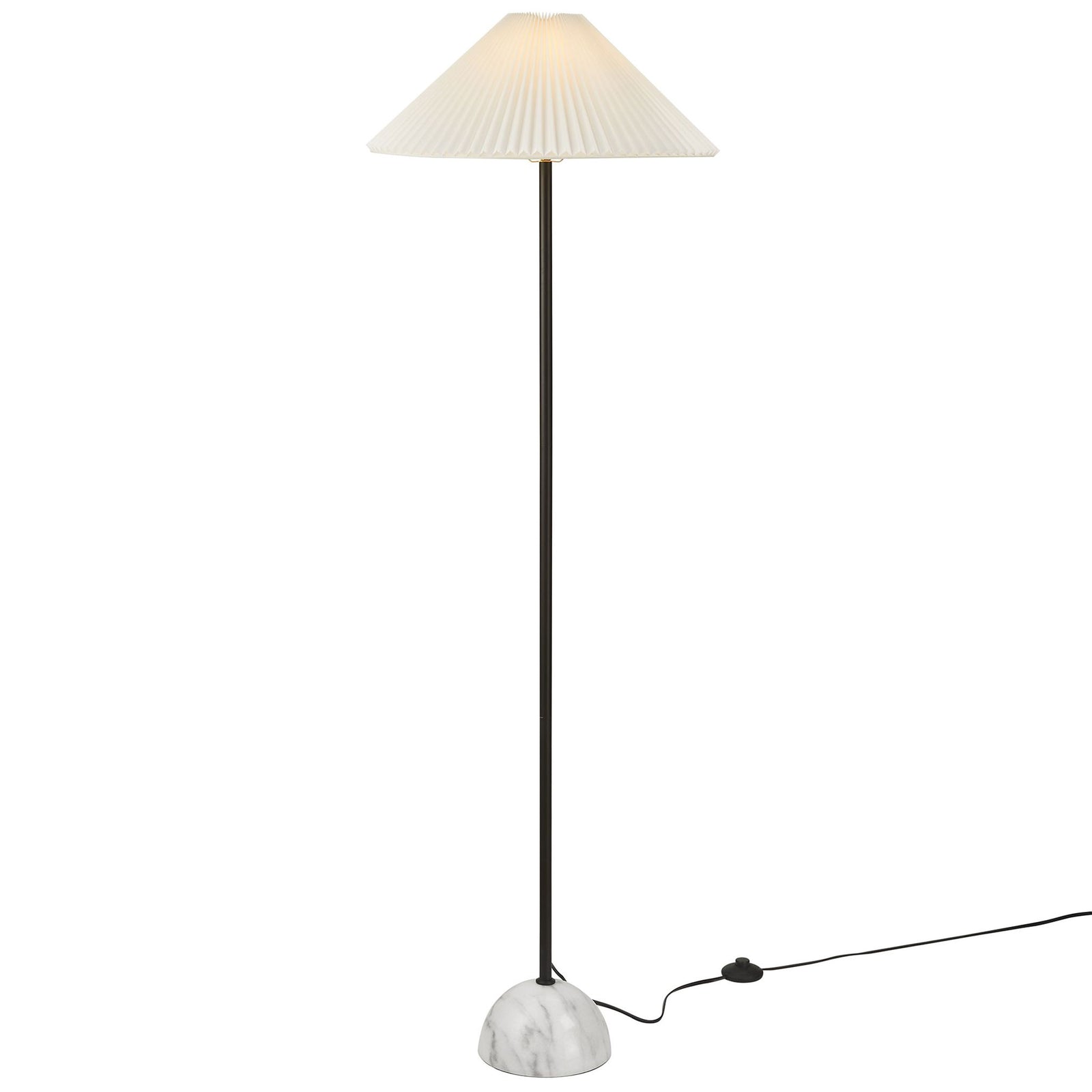 Illusion floor lamp casting a soft glow from its pleated shade above a sleek black pole and marble dome base || EEI-6879-BLK || front_on_studio