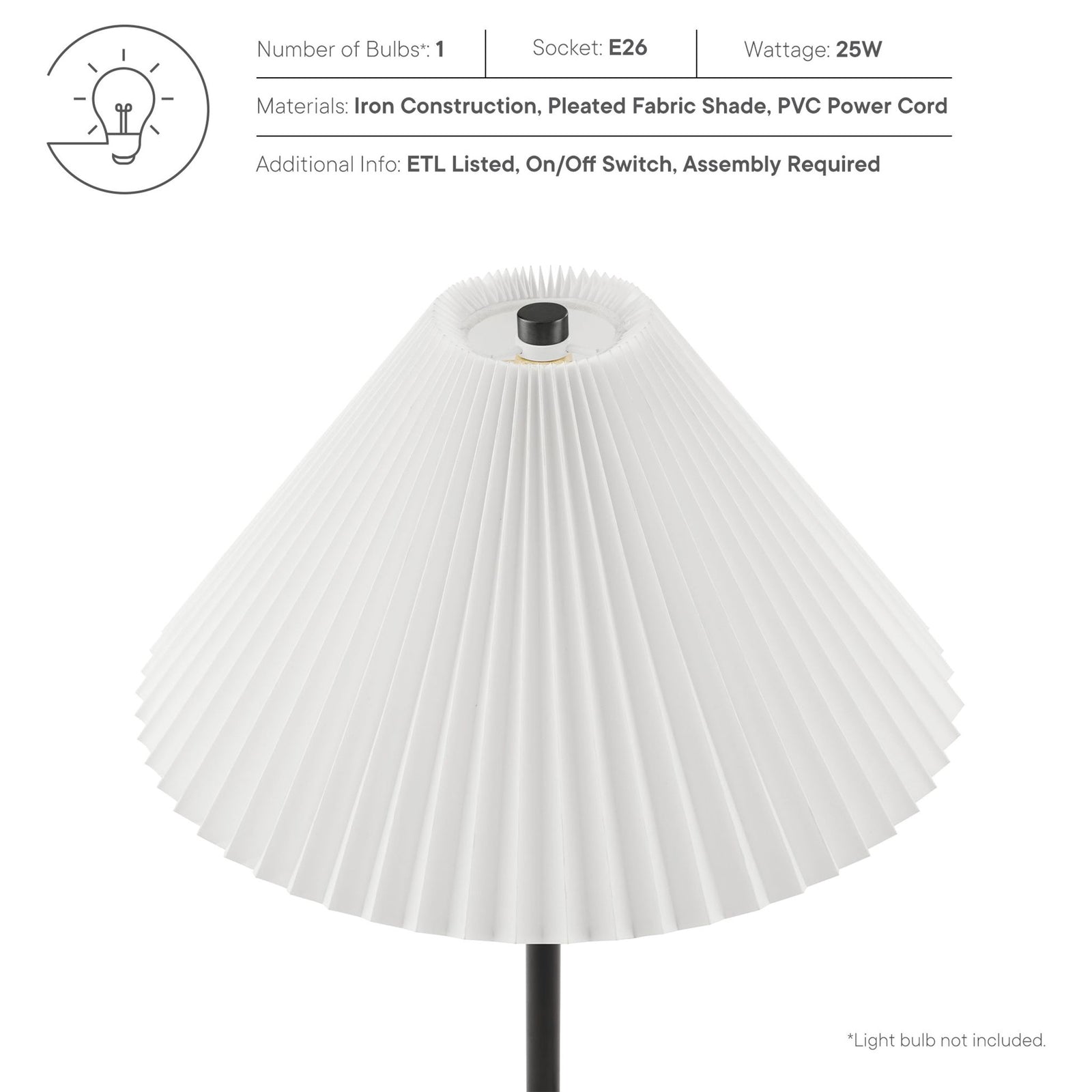 Materials and bulb details for the Illusion floor lamp including pleated shade, iron construction, and PVC power cord || EEI-6879-BLK || callout_studio