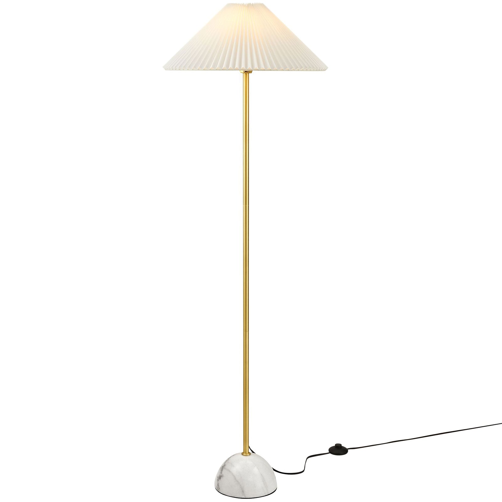Illuminated brass floor lamp with glowing pleated shade and rounded marble base on white background || EEI-6879-BRA || front_on_studio