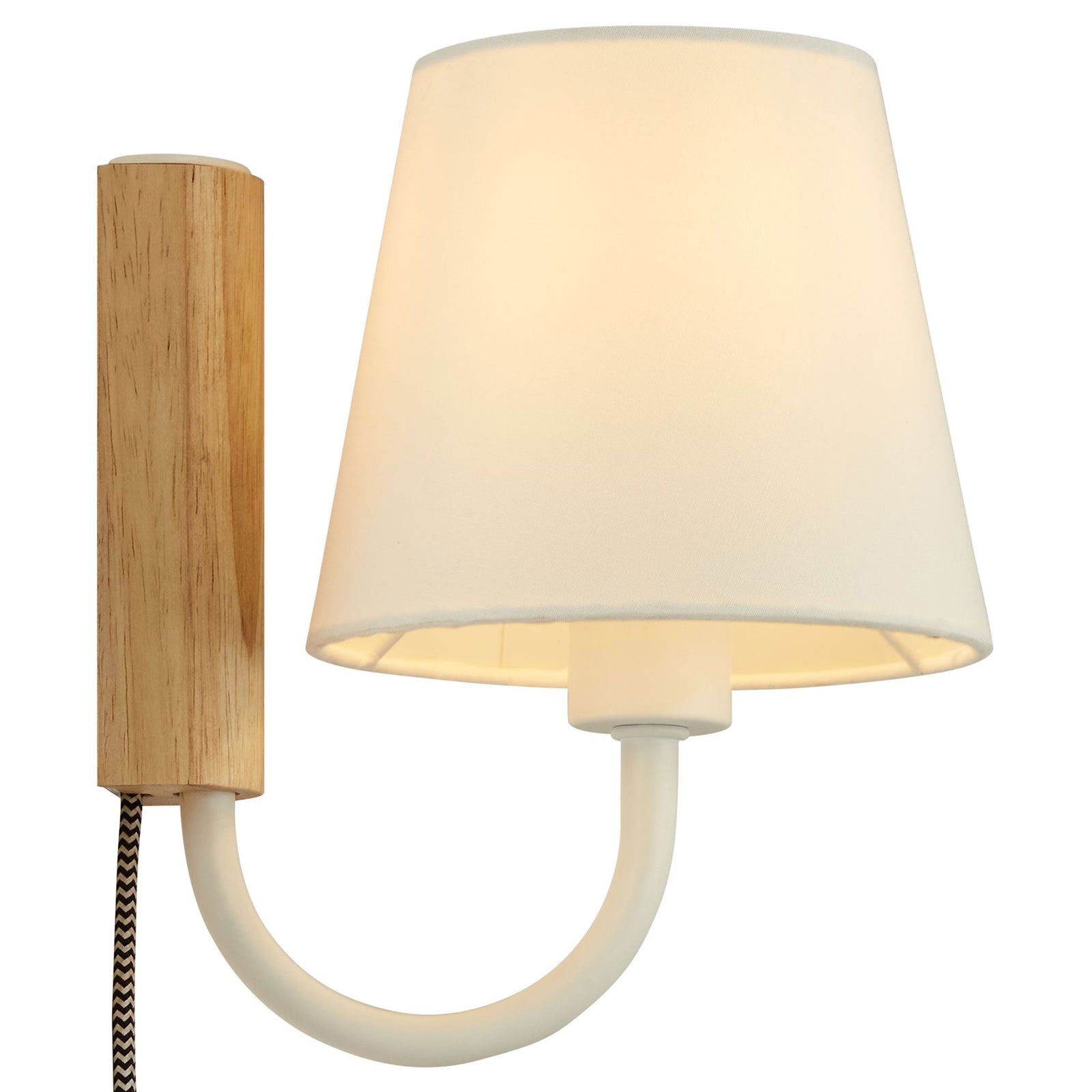 White U arm wall sconce with glowing shade and warm natural wood backplate || EEI-6880-NAT-WHI || side_on_studio