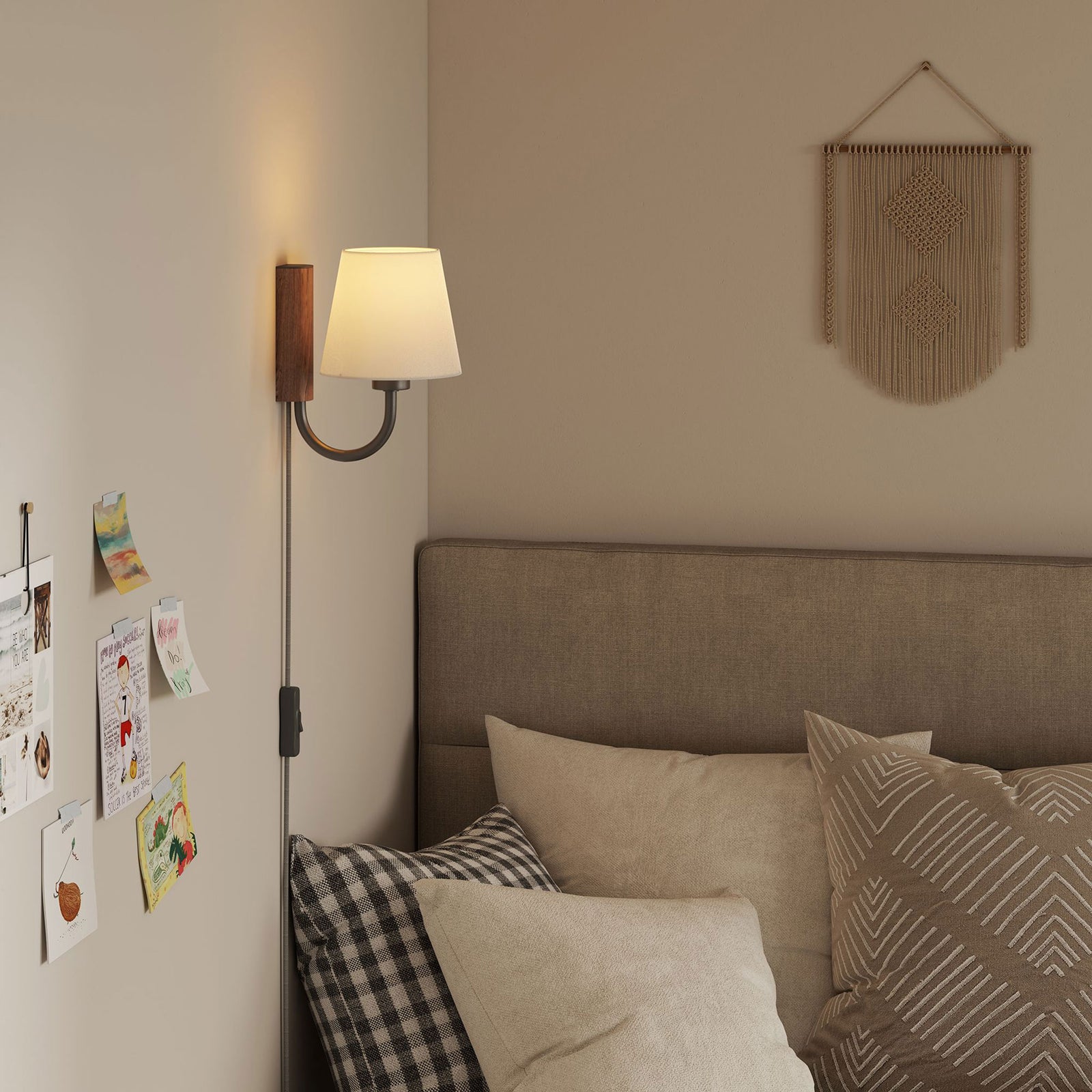Walnut and black U arm wall sconce adds focused reading light beside a cozy upholstered bed || EEI-6880-WAL-BLK || front_angle_on_room