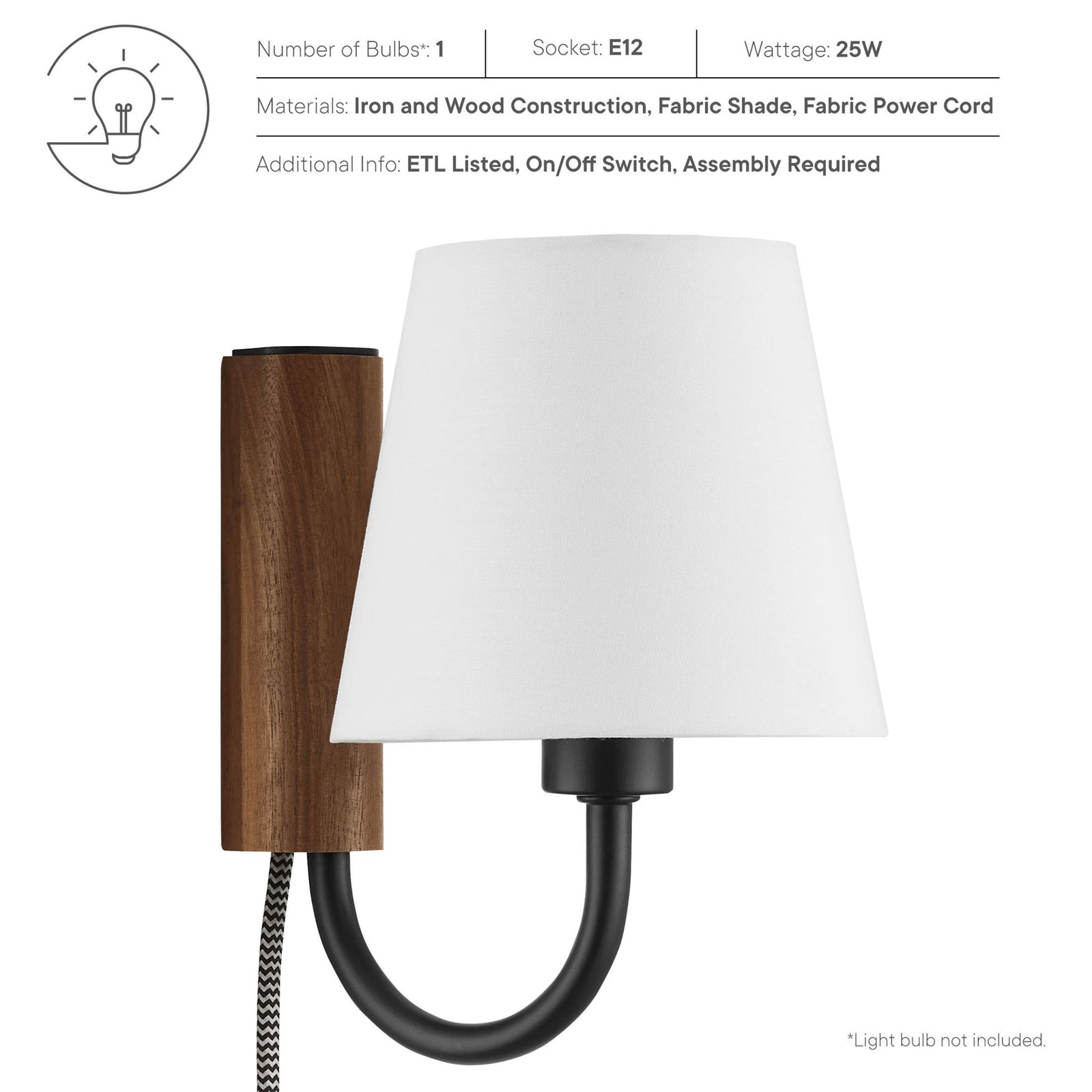 Sunlit wall sconce shown with specs for one E12 bulb, 25 watt max, iron and wood build, and ETL rating || EEI-6880-WAL-BLK || callout_studio