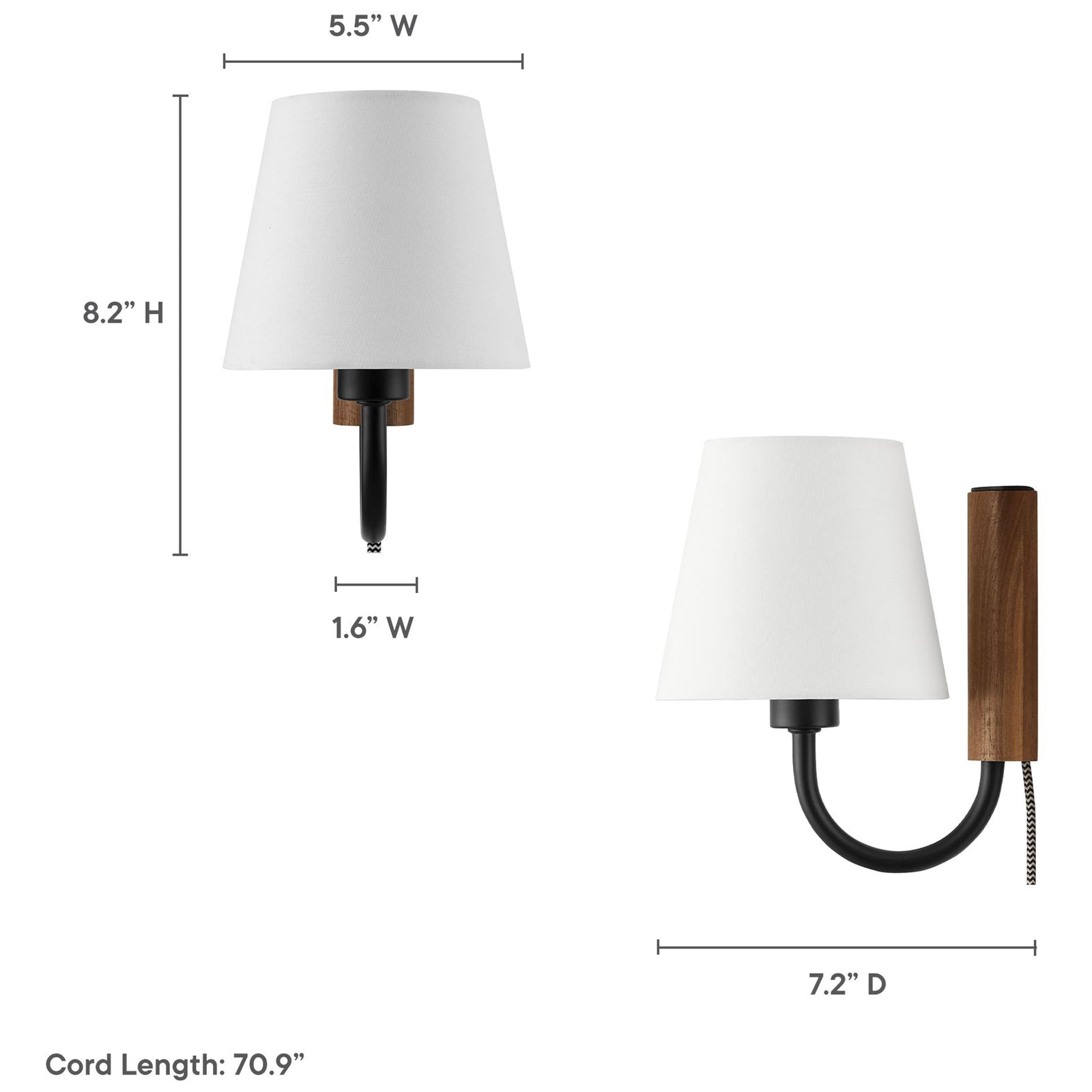 Dimension diagram of Sunlit U arm wall sconce showing overall height width depth and cord length || EEI-6880-WAL-BLK || dimension_studio