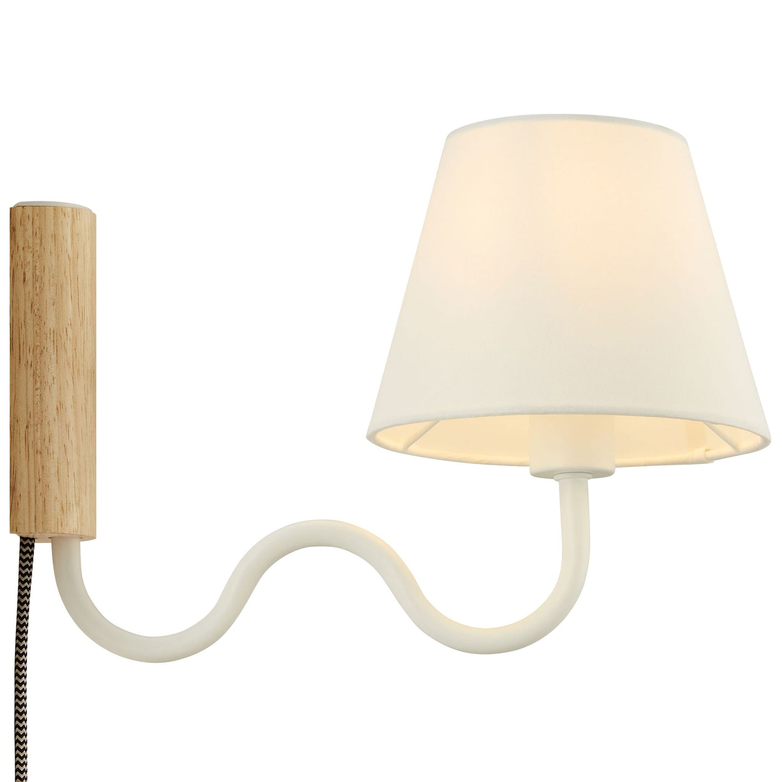 White squiggle arm wall sconce with glowing fabric shade and warm natural wood backplate || EEI-6881-NAT-WHI || side_on_studio