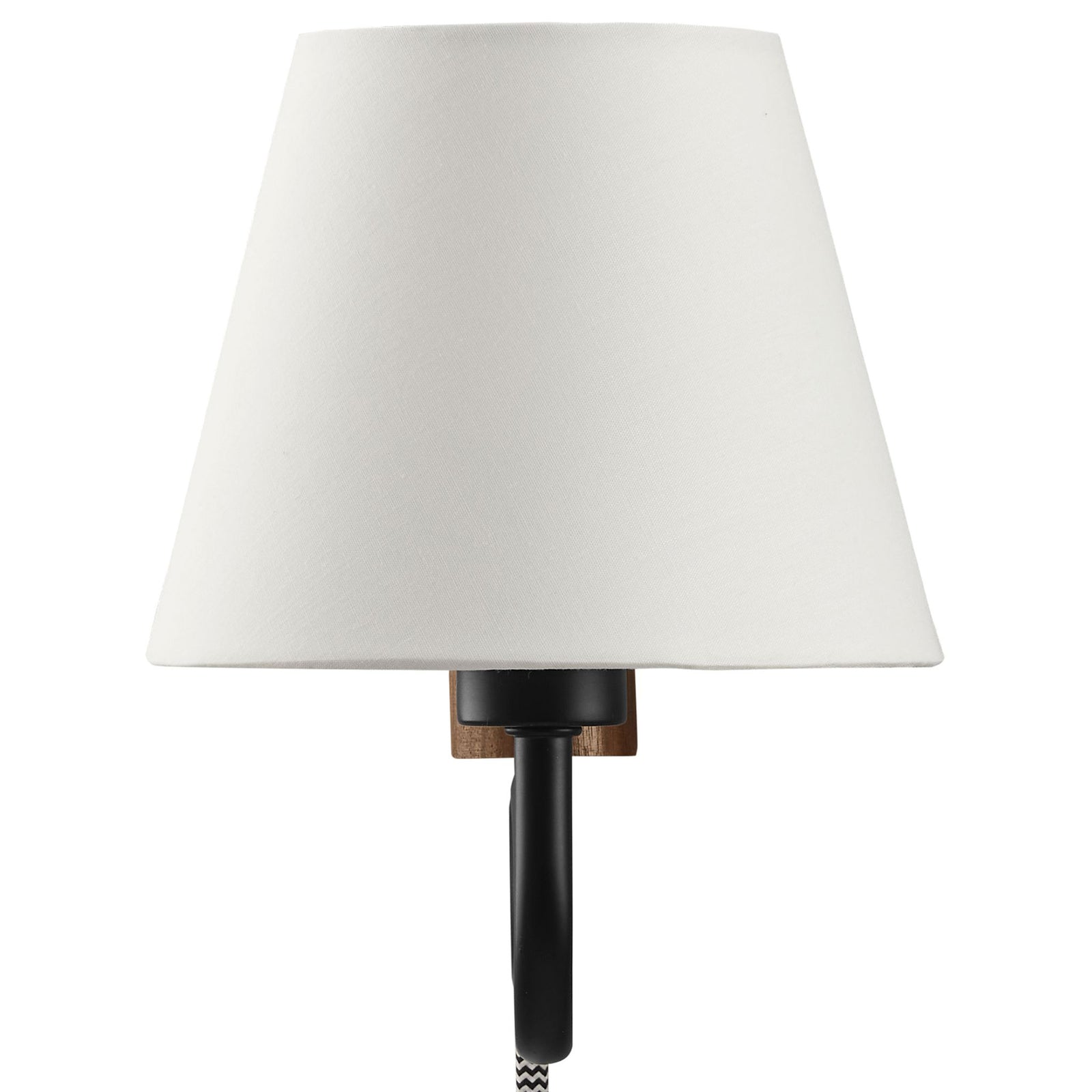Tapered white fabric shade softens the glow on this playful squiggle arm wall sconce || EEI-6881-WAL-BLK || front_studio