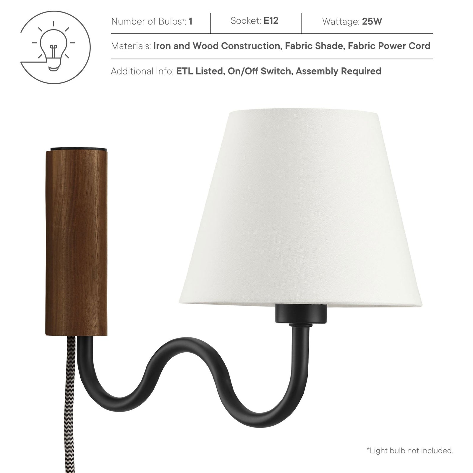 Sunlit wall sconce shown with specs for one E12 bulb, 25 watt max, iron and wood build, and ETL listing || EEI-6881-WAL-BLK || callout_studio