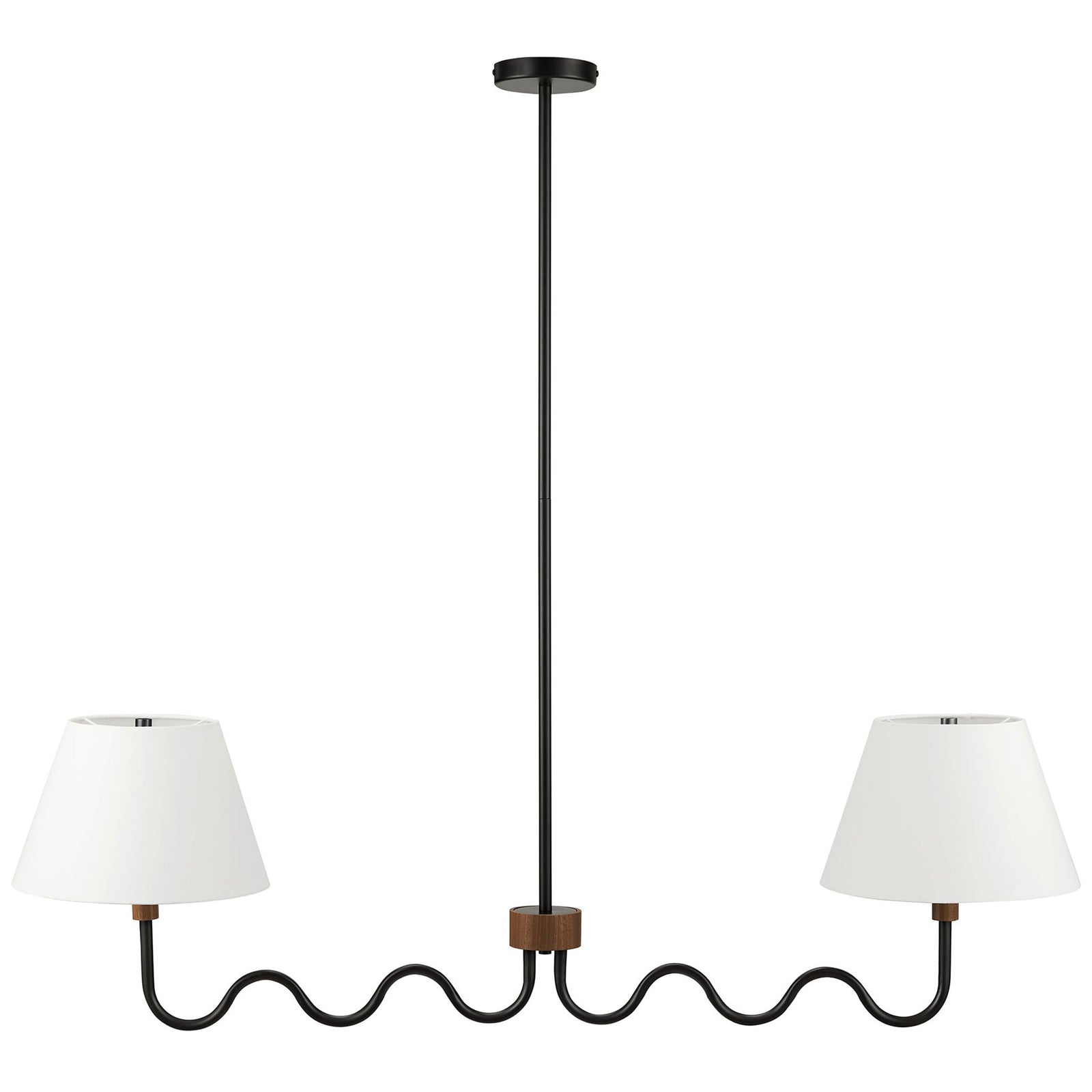 Black squiggle pendant with twin white fabric shades and a warm walnut accent at the center || EEI-6882-WAL-BLK || front_studio