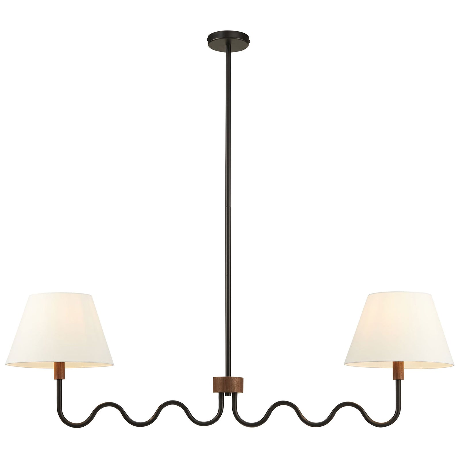 Softly glowing two-light pendant with playful wavy arms and crisp white fabric shades || EEI-6882-WAL-BLK || front_on_studio