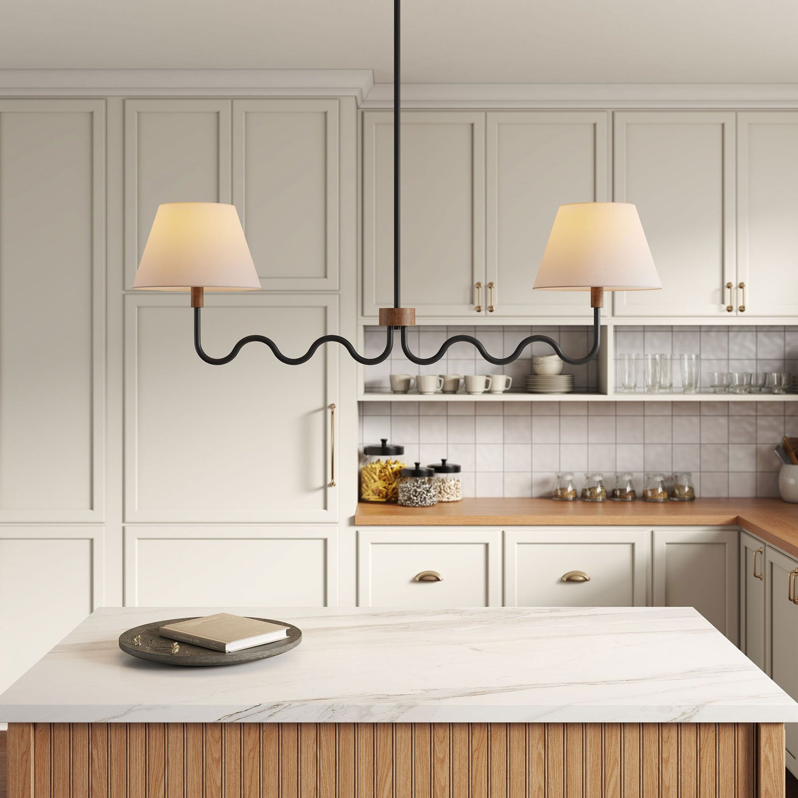 Linear chandelier casts a cozy glow, pairing white fabric shades with playful wavy arms || EEI-6882-WAL-BLK || front_on_room