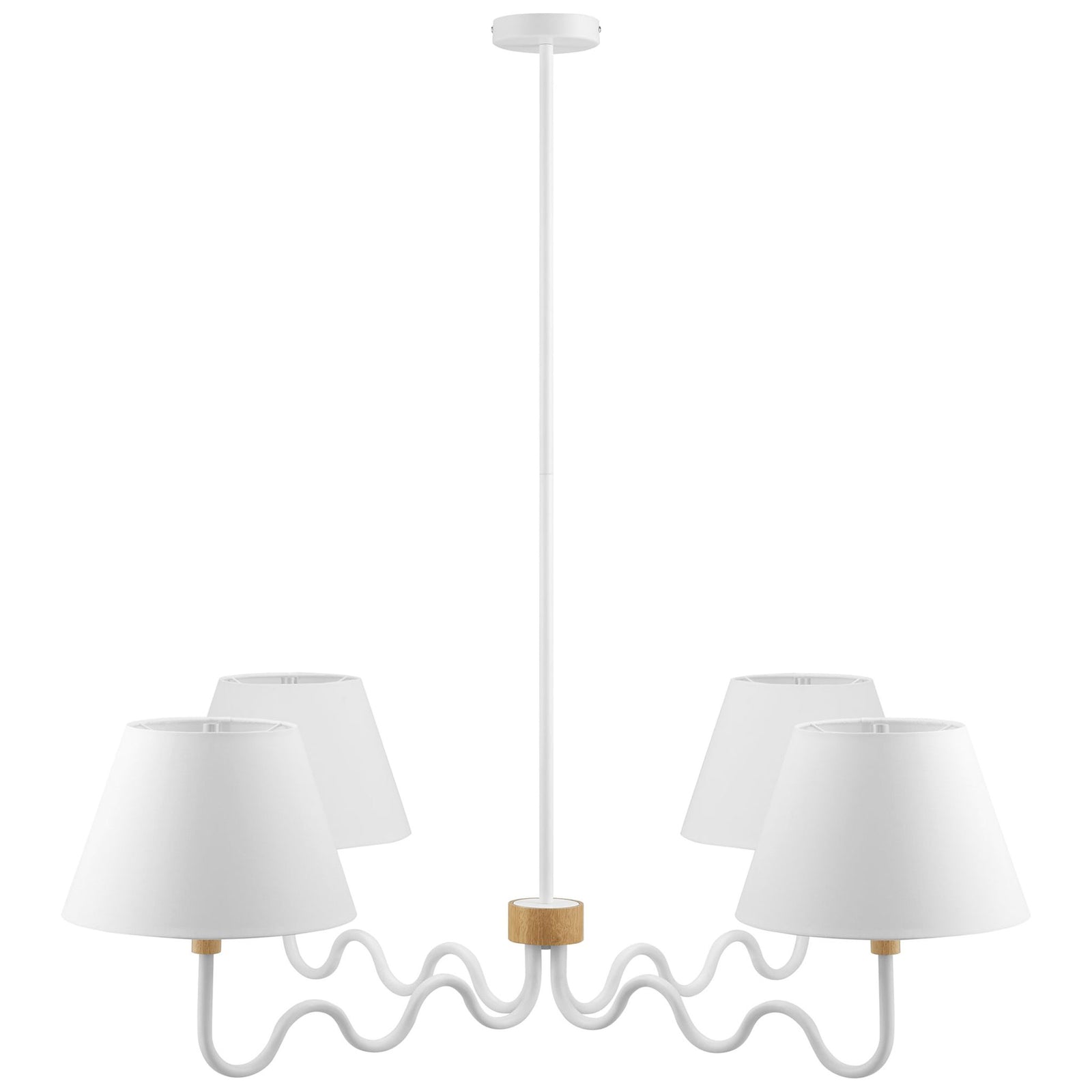 Modern 4-light pendant with sculptural squiggle arms, natural wood accent, and crisp white fabric shades || EEI-6883-NAT-WHI || front_studio