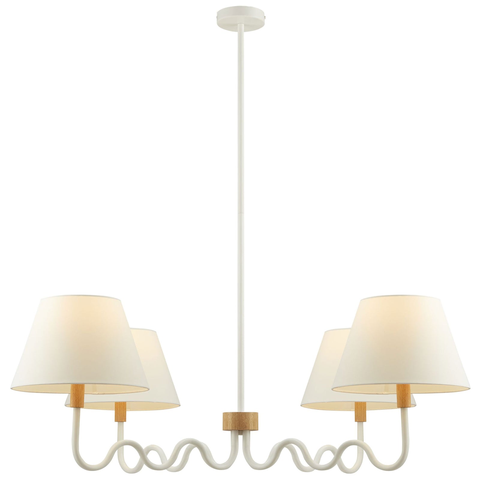 Warmly glowing 4-light pendant featuring playful squiggle arms, rubberwood accent, and white fabric shades || EEI-6883-NAT-WHI || front_on_studio