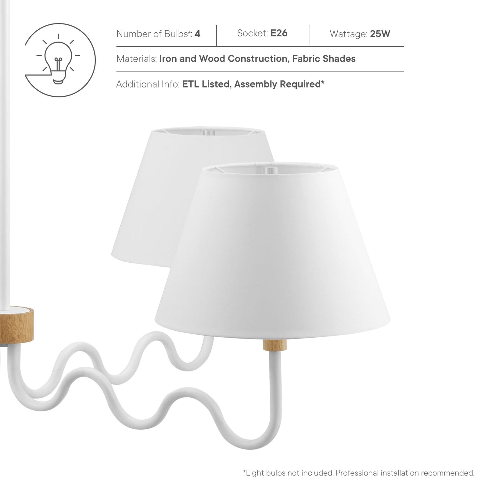 Specs at a glance: uses four E26 25W bulbs, iron and wood frame, ETL listed, assembly required || EEI-6883-NAT-WHI || callout_studio