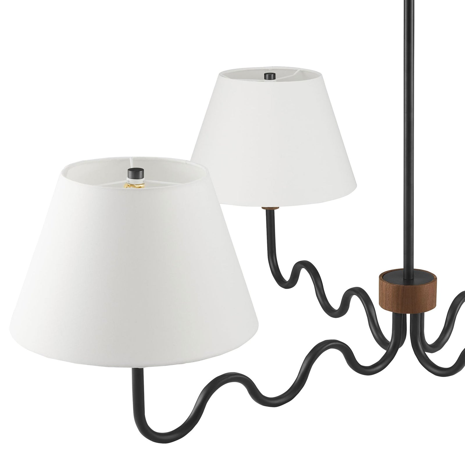 Tapered fabric shades and curving black arms highlighted by a walnut wood hub || EEI-6883-WAL-BLK || shade_studio