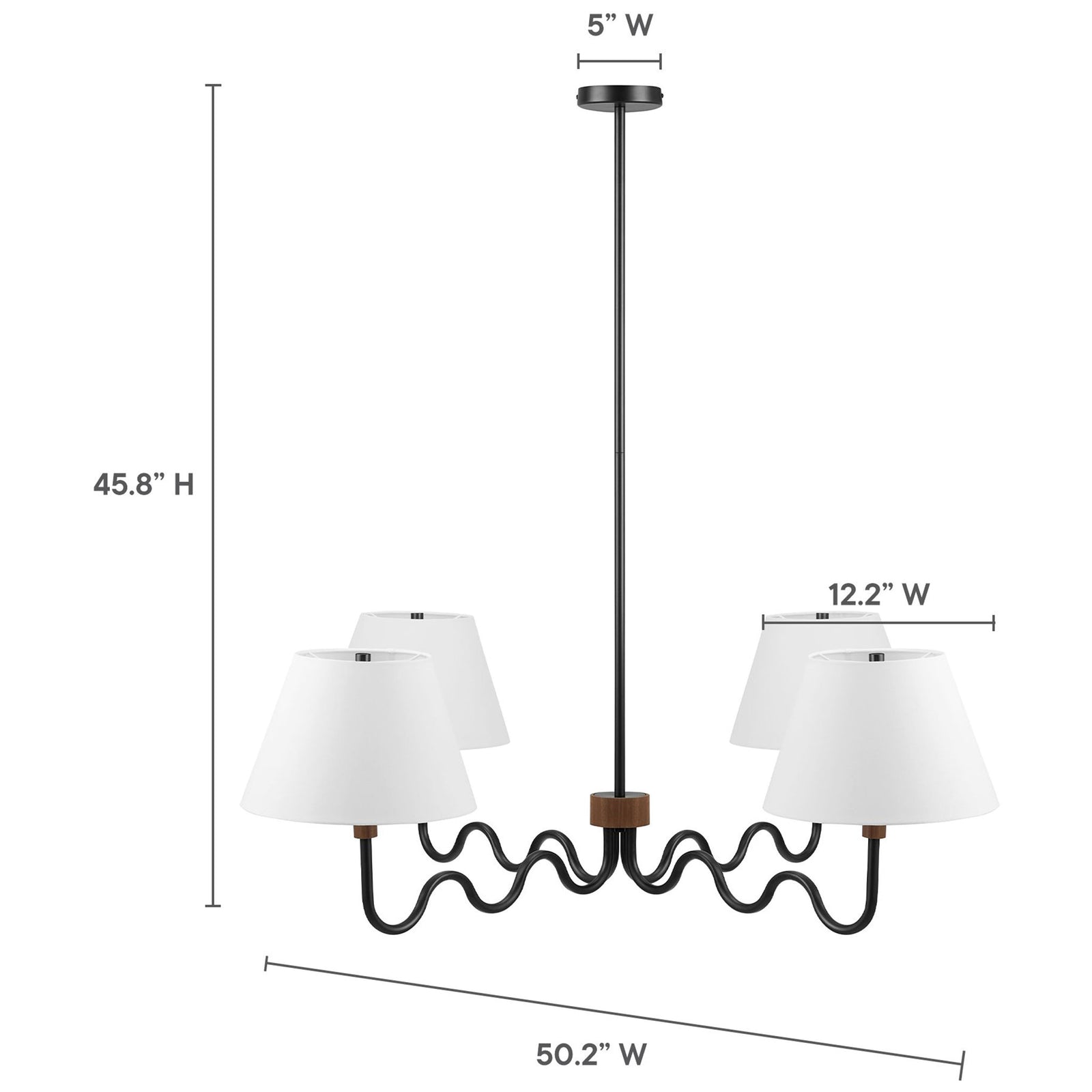 Generous 50.2 inch wide pendant with 45.8 inch height and 12.2 inch shade width shown || EEI-6883-WAL-BLK || dimension_studio