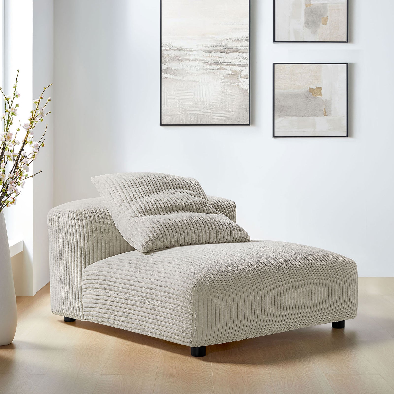 Modern armless lounge chair adds cozy texture to living spaces with almond corduroy and plush pillow || EEI-6884-ALM || front_angle_room