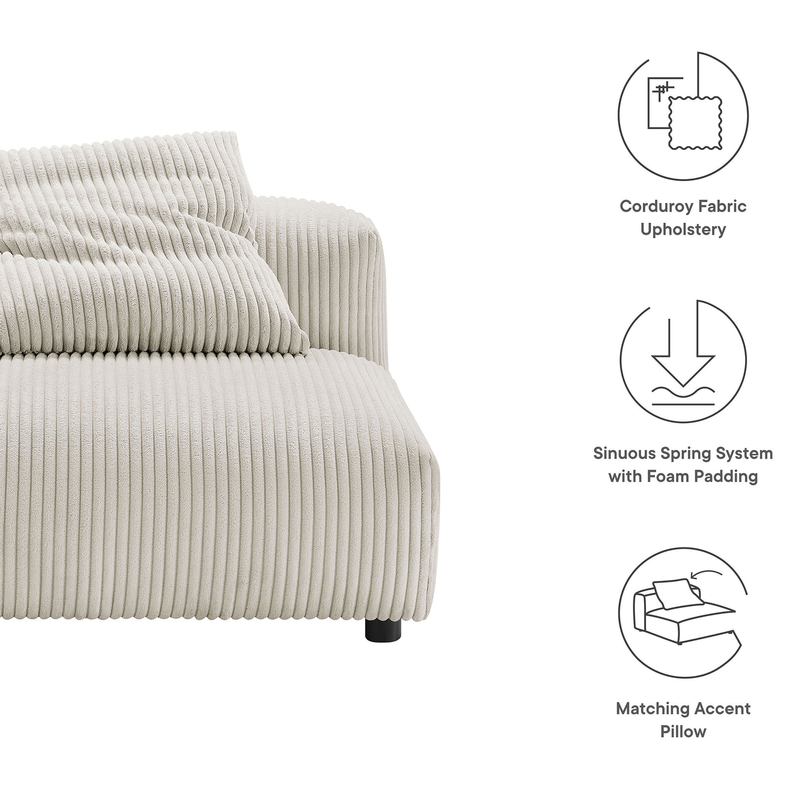 Corduroy fabric upholstery, sinuous spring support with foam padding, and a matching accent pillow || EEI-6884-ALM || callout_studio