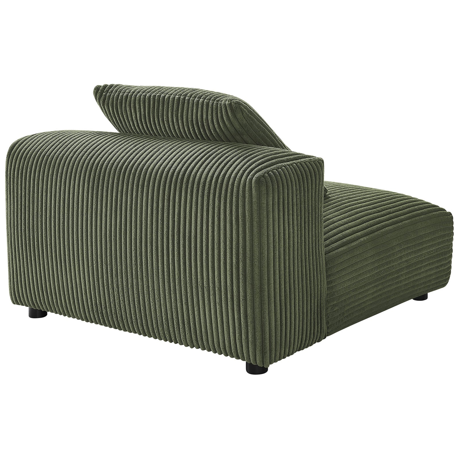 Sleek armless silhouette with ribbed corduroy wrapping every edge and neatly rounded corners || EEI-6884-FRN || back_angle_studio