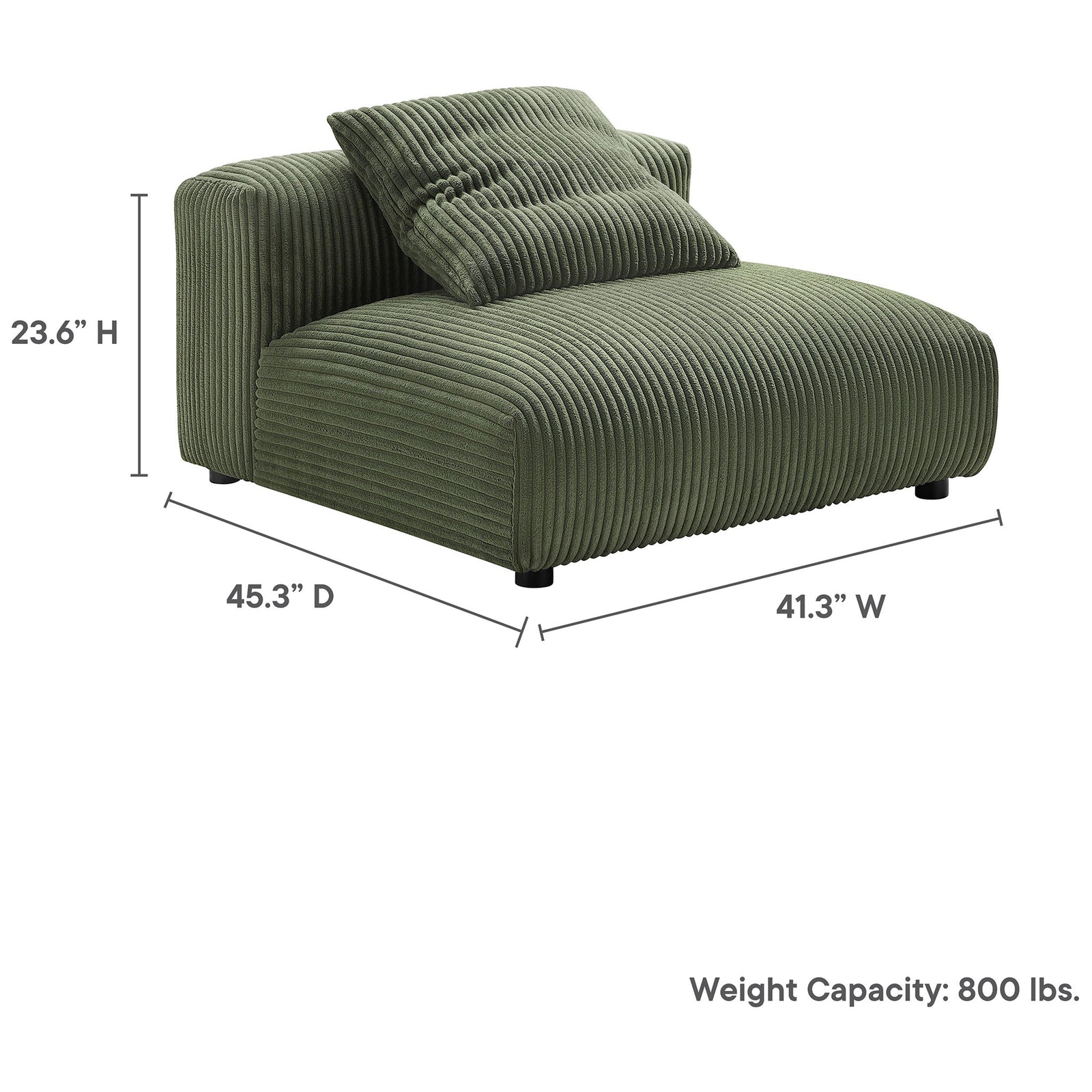 Dimensions and weight capacity shown for the Solace armless lounge chair in fern corduroy || EEI-6884-FRN || dimension_studio